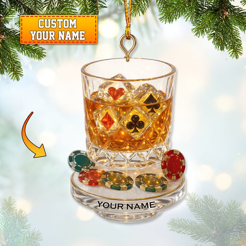 Personalized Whiskey And Poker Chips Christmas Ornament – Custom Name Casino Holiday Decor – Unique Xmas Gift for Poker Lovers