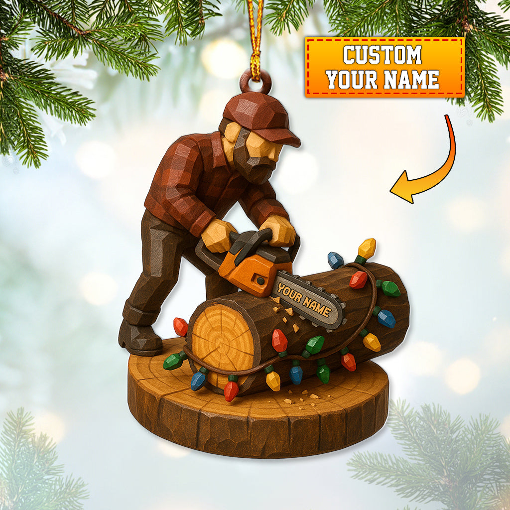 Personalized Lumberjack Chainsaw Christmas Ornament, Custom Name Woodworker Decor, Holiday Gift For Loggers