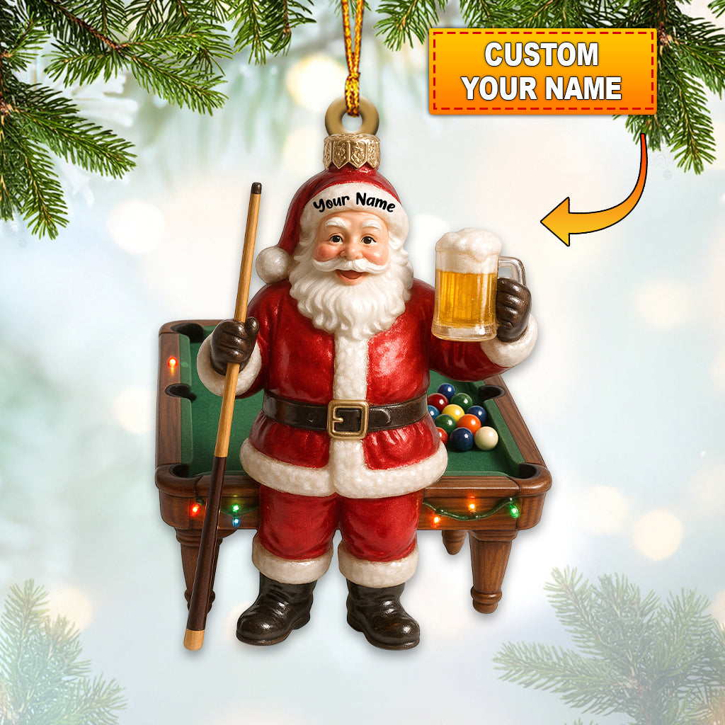 Personalized Santa Billiards Beer Ornament – Custom Name Christmas Ornament, Funny Pool and Beer Xmas Gift for Men, Santa Playing Pool Tree Decoration