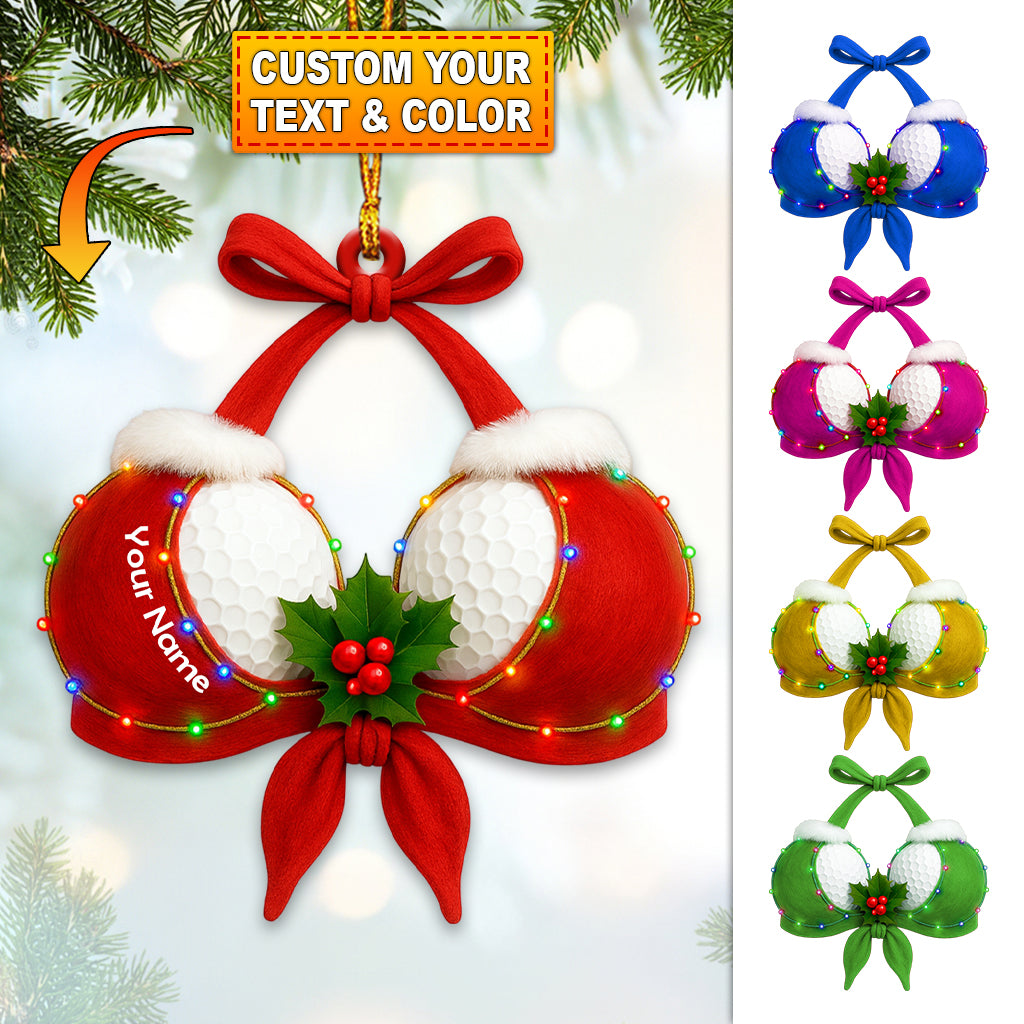 Custom Name Christmas Golf Bra Ornament, Funny Golf Ball Holiday Decor, Personalized Golfer Xmas Gift