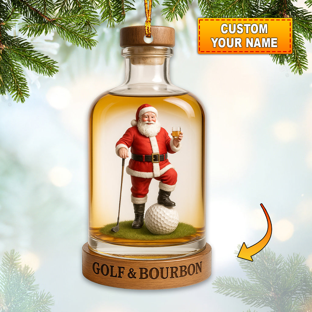 Custom Name Santa Golf With Bourbon Ornament, Whiskey Bottle Christmas Decor, Personalized Golfer Holiday Gift