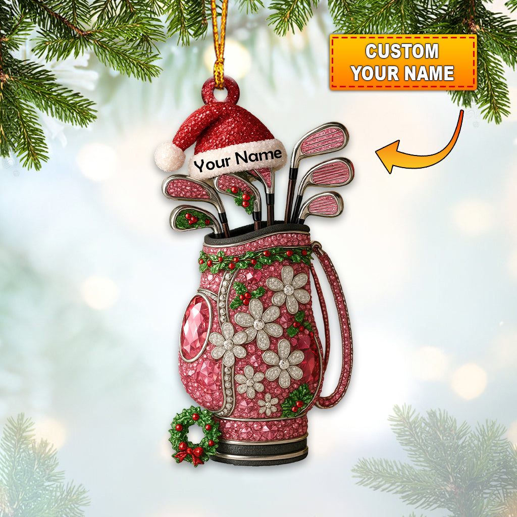 Custom Name Pink Golf Bag Christmas Ornament, Sparkly Golfer Holiday Decor, Personalized Golf Gift for Golfer
