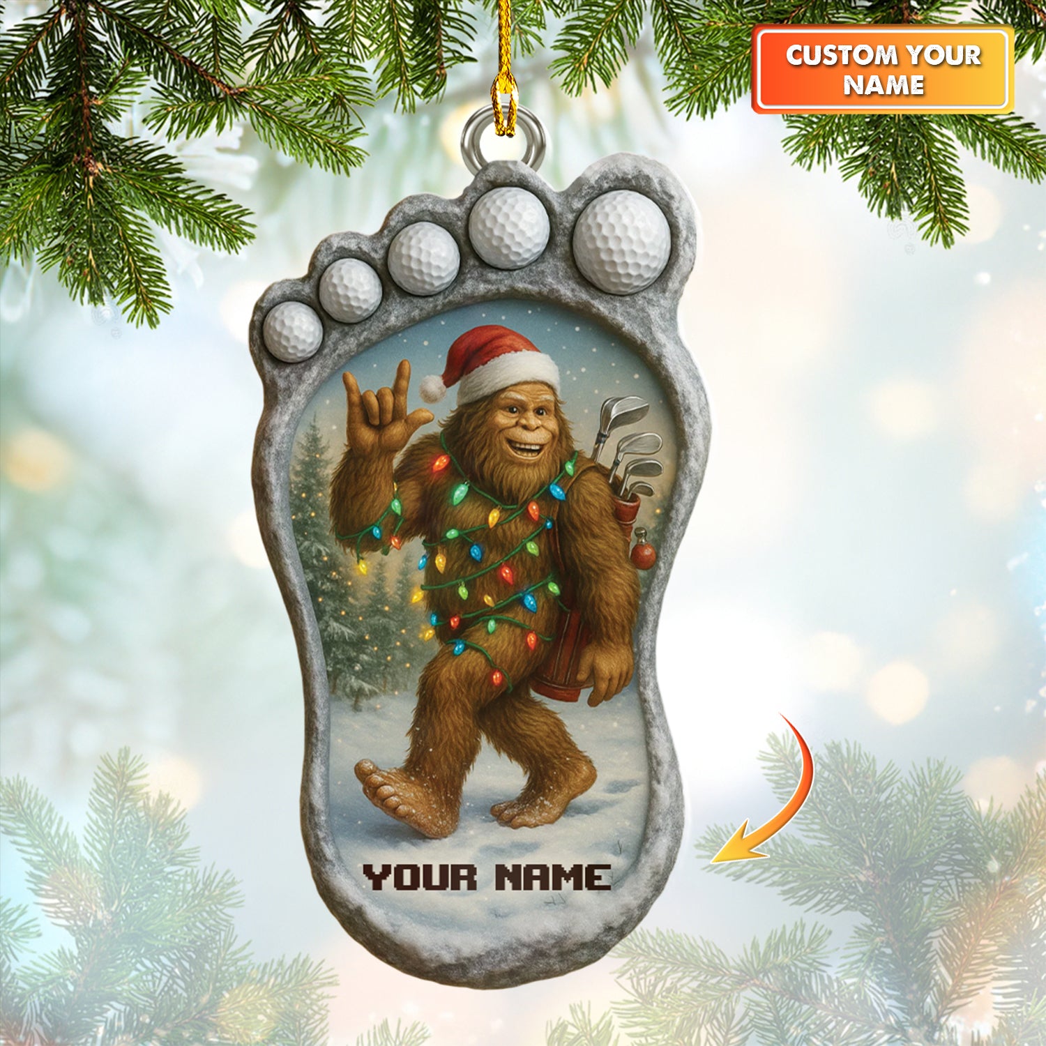 Personalized Golf Ornament, Golf Decor With Custom Name, Bigfoot Ornament, Sasquatch Christmas Ornament