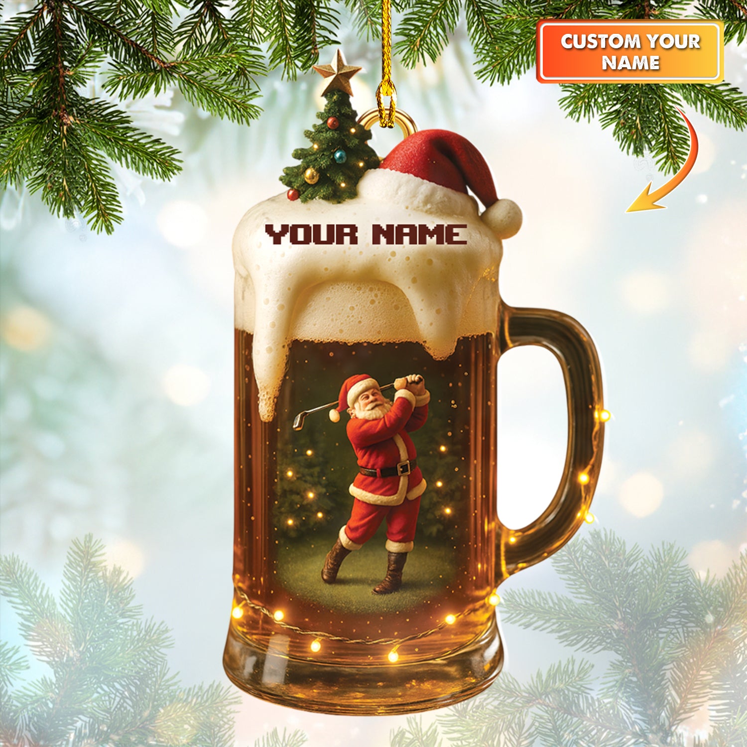 Personalized Santa Golf Ornament, Golf And Beer Ornament With Custom Name, Funny Golf Shirt For Men, Golf Decor For Christmas