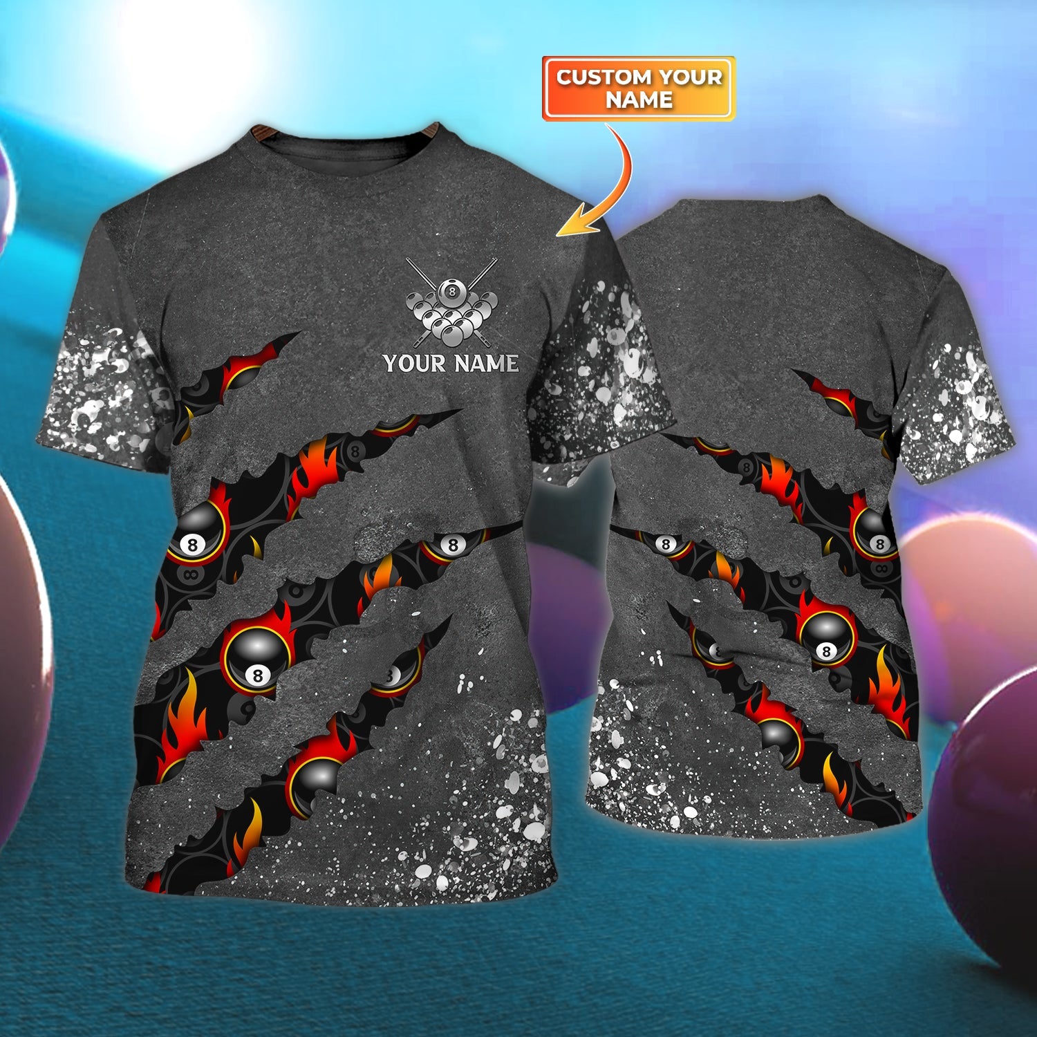 Billiard Paint Splash Personalized Name 3D Tshirt For Billiard Player