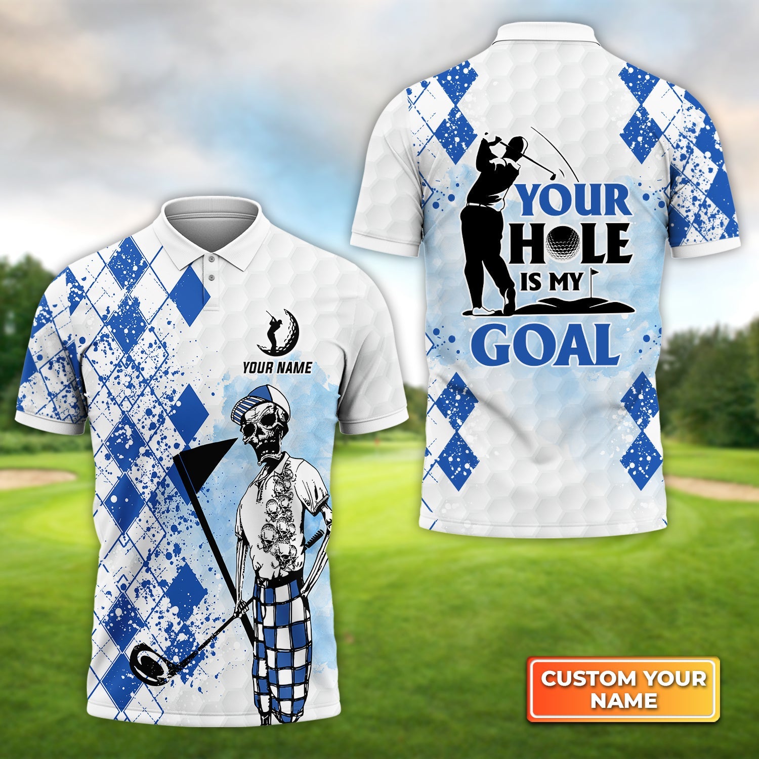 Golf Skull Blue Pattern Your Hole Is My Goal, Personalized Name 3D Polo Shirt Gift For Golfers