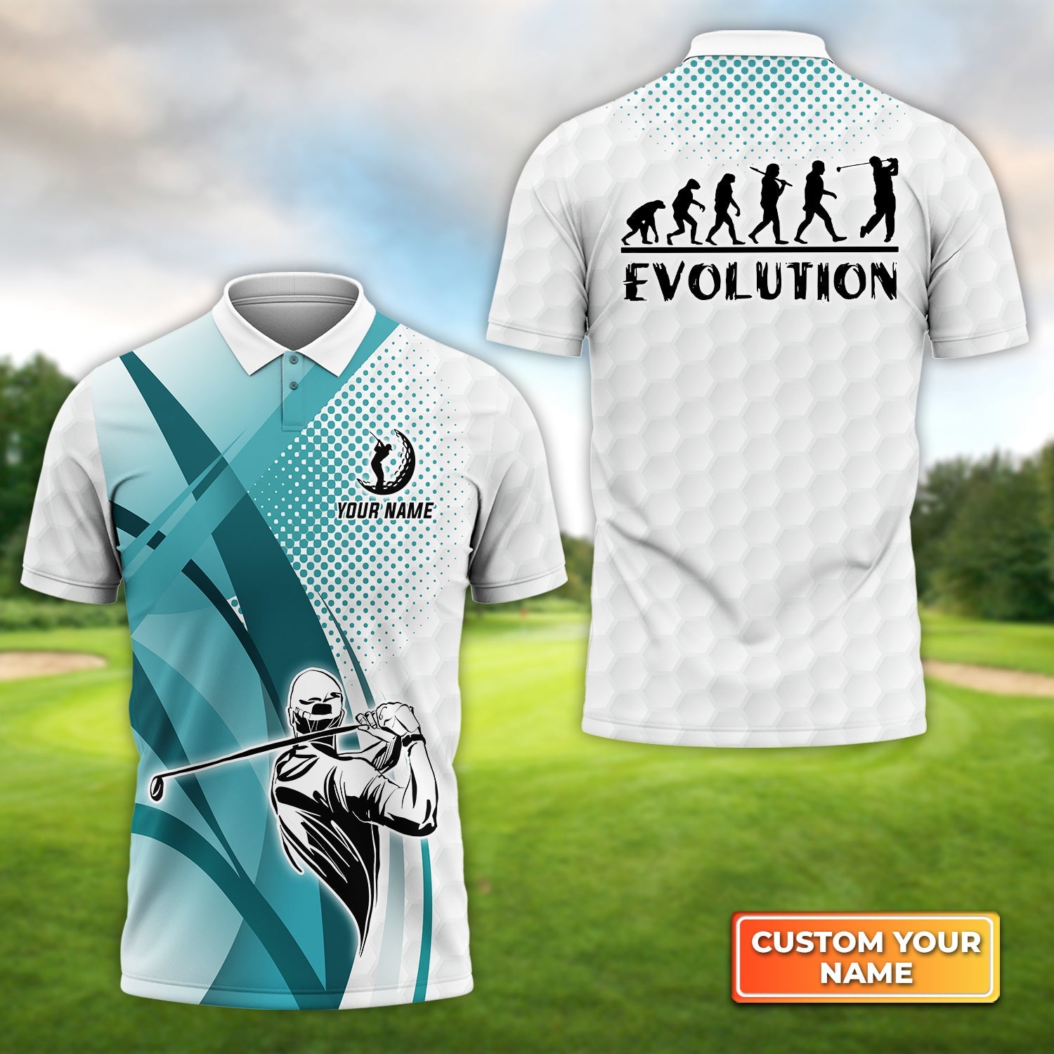 Golfing Evolution Blue Pattern, Personalized Name 3D Polo Shirt Gift For Golfers