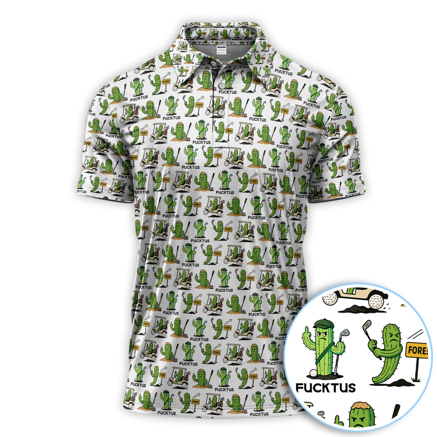 FUCKTUS Pattern Golf Polos, Funny Cactus Golf Shirt For Men, Golf Gift For Golfer