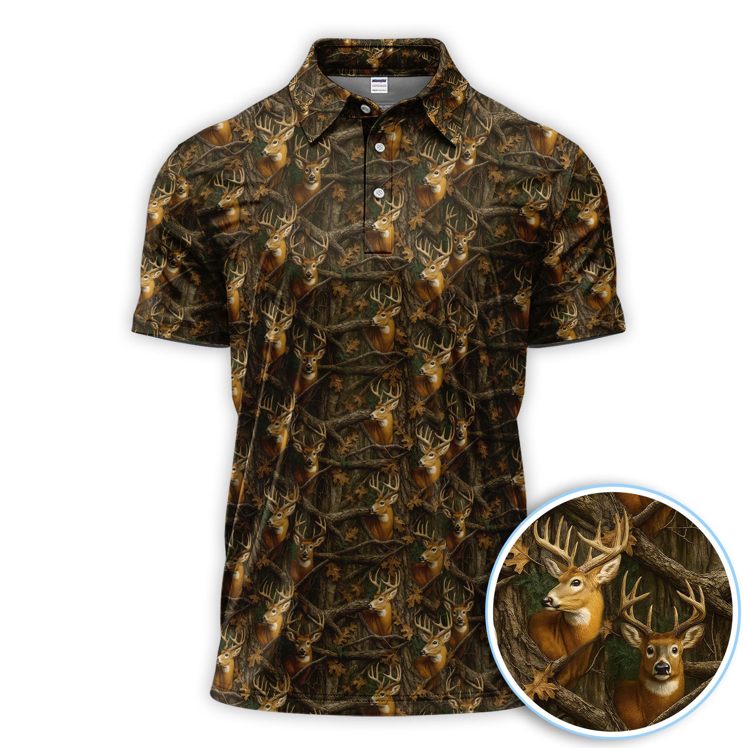 Deer Pattern Polos For Golfer, Realistic Camo Shirt, Crazy Golf Shirt For Men