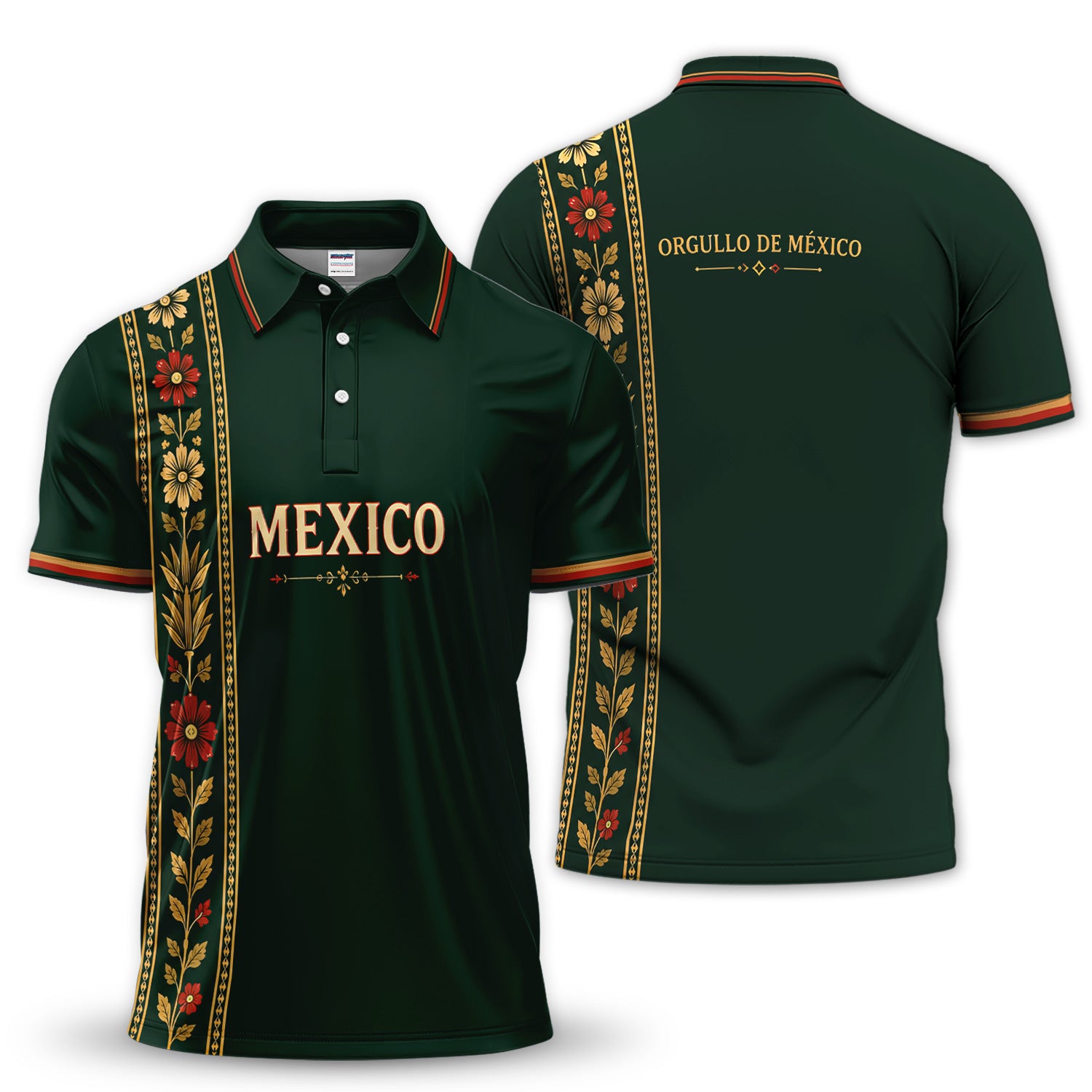 Mexico Heritage Floral Polo Shirt for Men – Orgullo de México Green Pride Polo