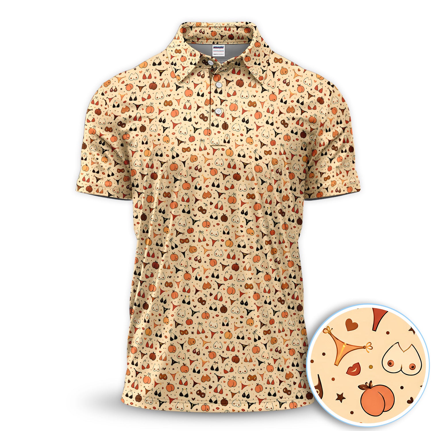 Funny Adult Humor Polo Shirt for Men – Cheeky Peach & Hidden Sexy Pin-Up Pattern Retro Party Shirt for Dad, Husband, Vacation, Birthday Gift