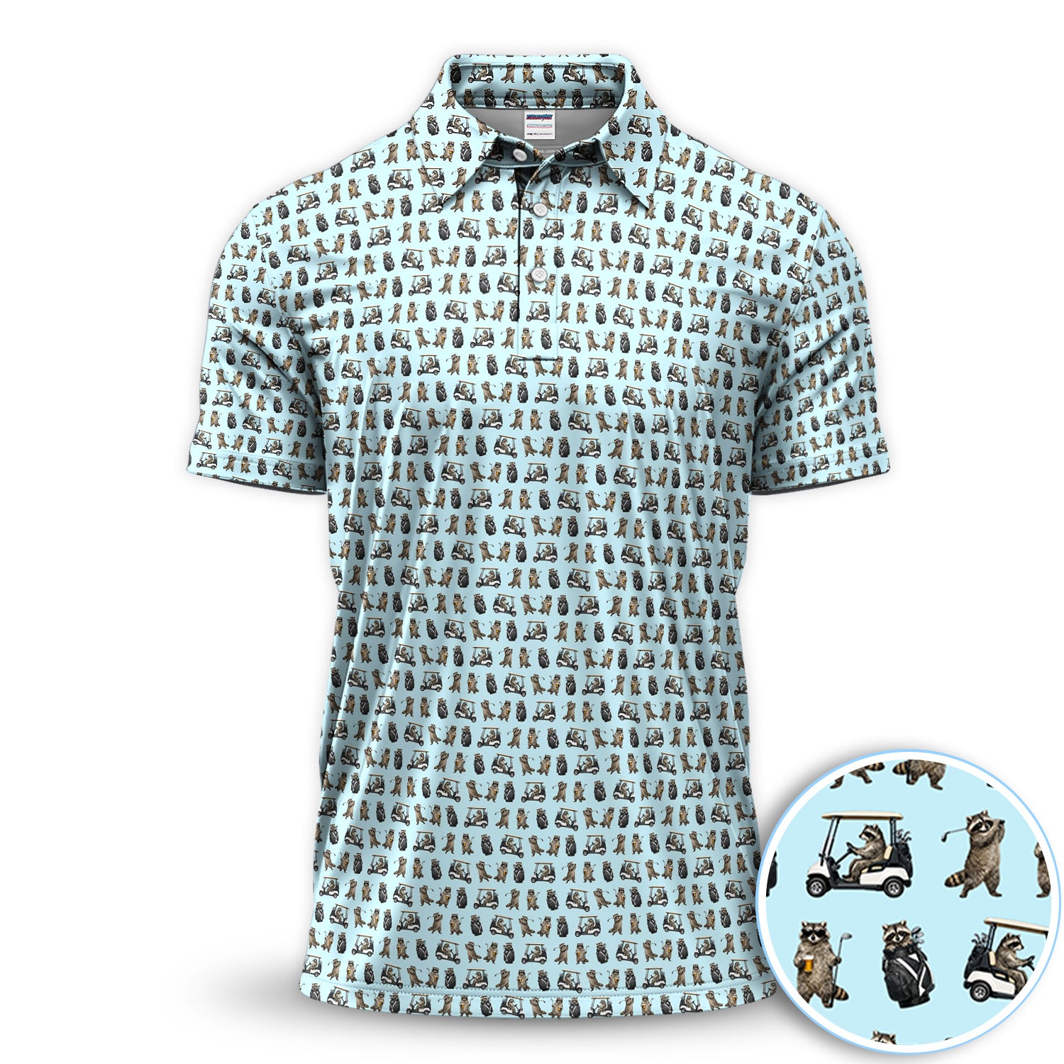 Funny Raccoon Golf Cart Pattern Shirt, Raccoon Golfer Golf Polo Shirt For Men, Animal Golf Lover Gift