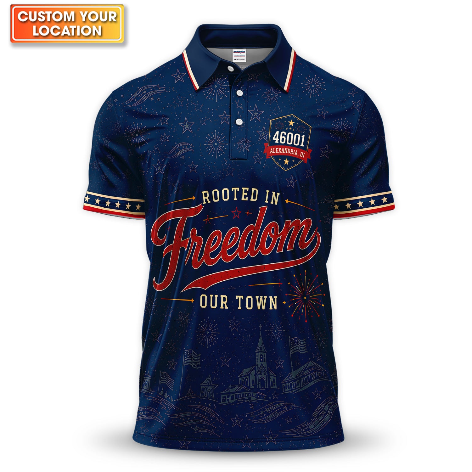 Custom Location USA 250th Anniversary 4th of July Polo Shirt for Men – Rooted in Freedom Our Town Patriotic Party Polo