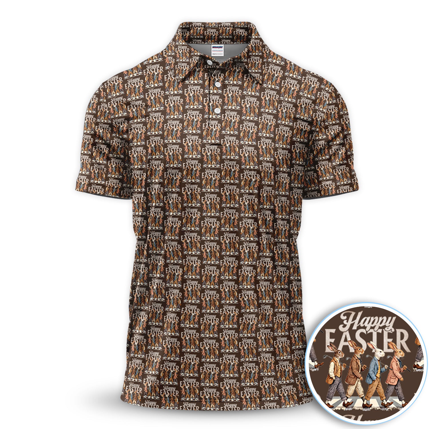 Happy Easter Retro Bunny Walk Pattern Men Polo Shirt, Vintage Easter Rabbit Pattern Shirt, Easter Gift