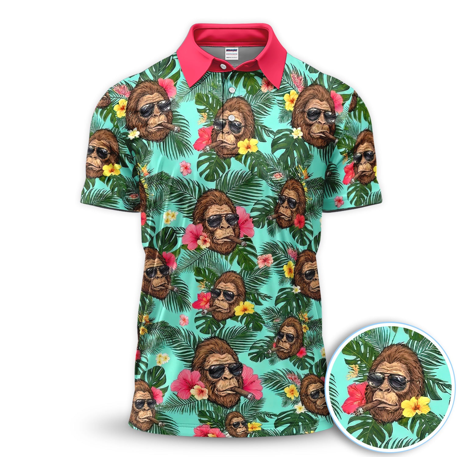 Funny Bigfoot Hawaiian Golf Polo Shirt, Smoking Sasquatch Tropical Aloha Shirt for Men