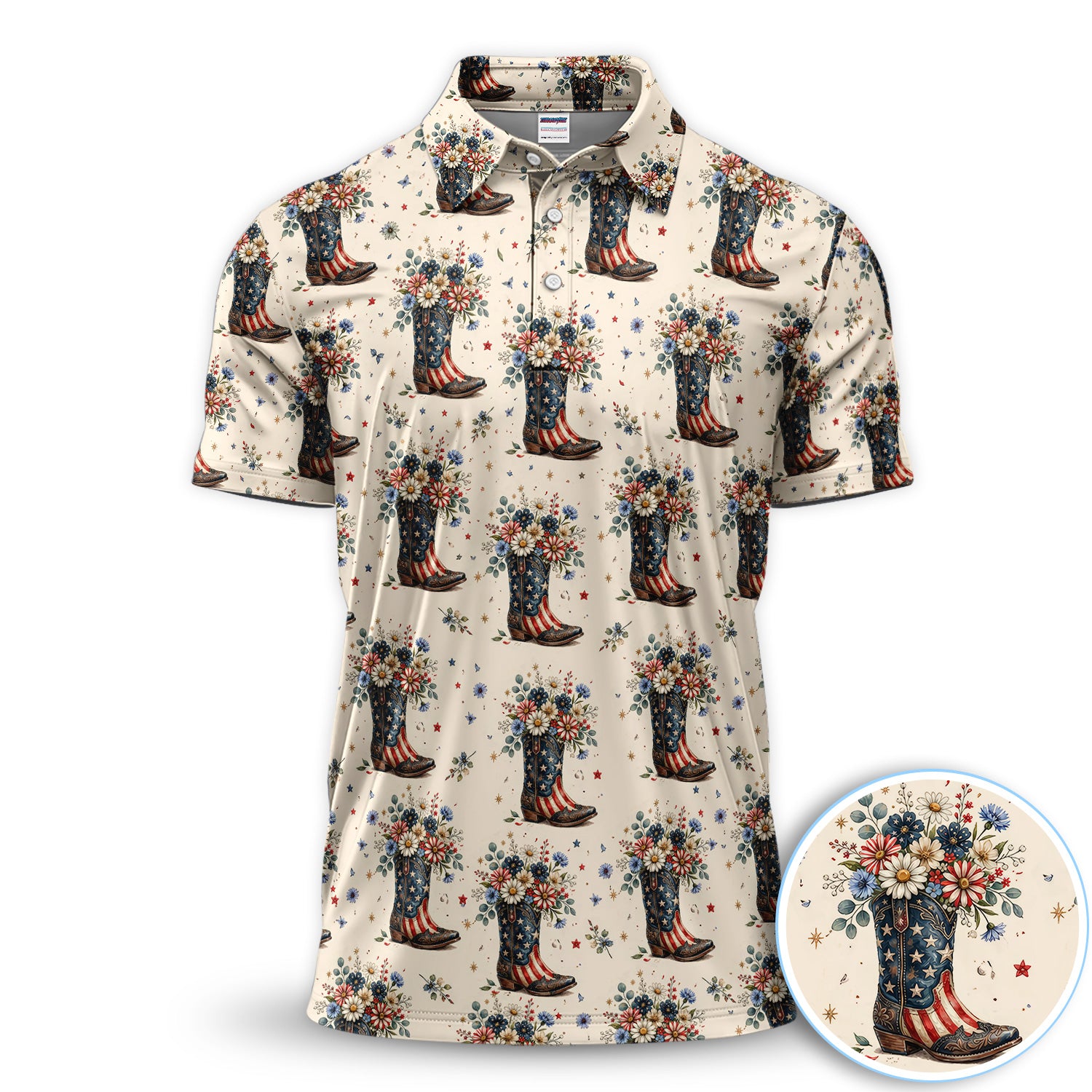 Patriotic Cowboy Boots Floral Polo Shirt, Vintage American Flag Boots Pattern Golf Shirt For Men, USA Western Style Gift