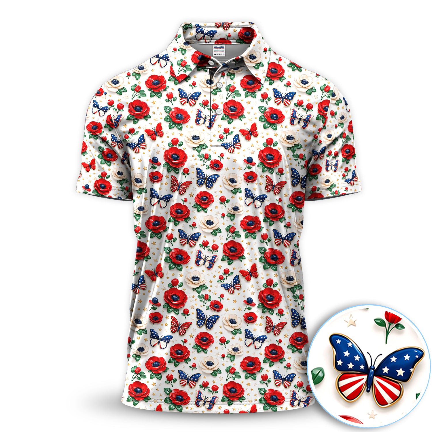 Patriotic Floral Butterfly Polo Shirt For Men, Red White Blue Flower All Over Print, USA Flag Inspired Summer Golf Shirt