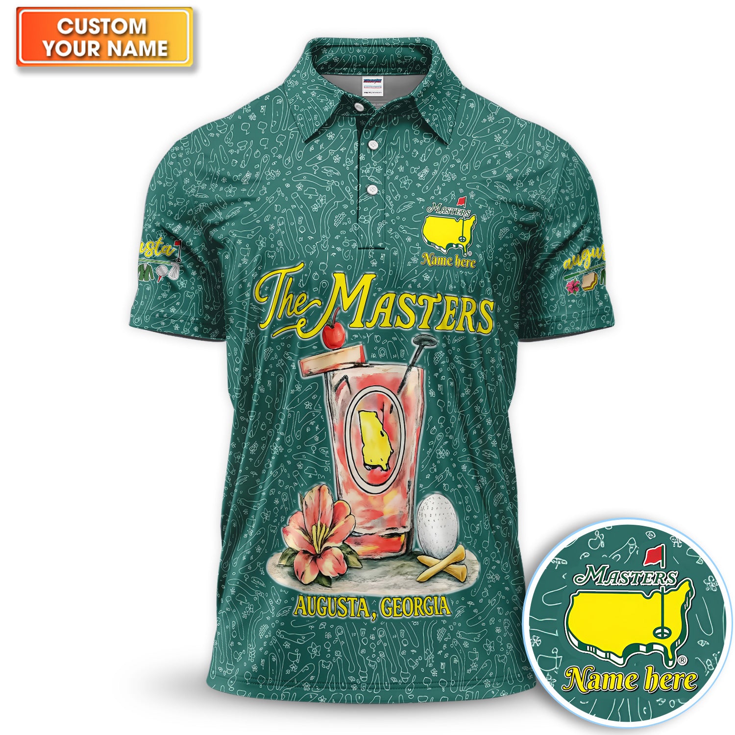 Personalized Masters Cocktail Augusta Pattern Shirt, Custom Name Golf Drink Polo Shirt For Men, Golf Tournament Gift