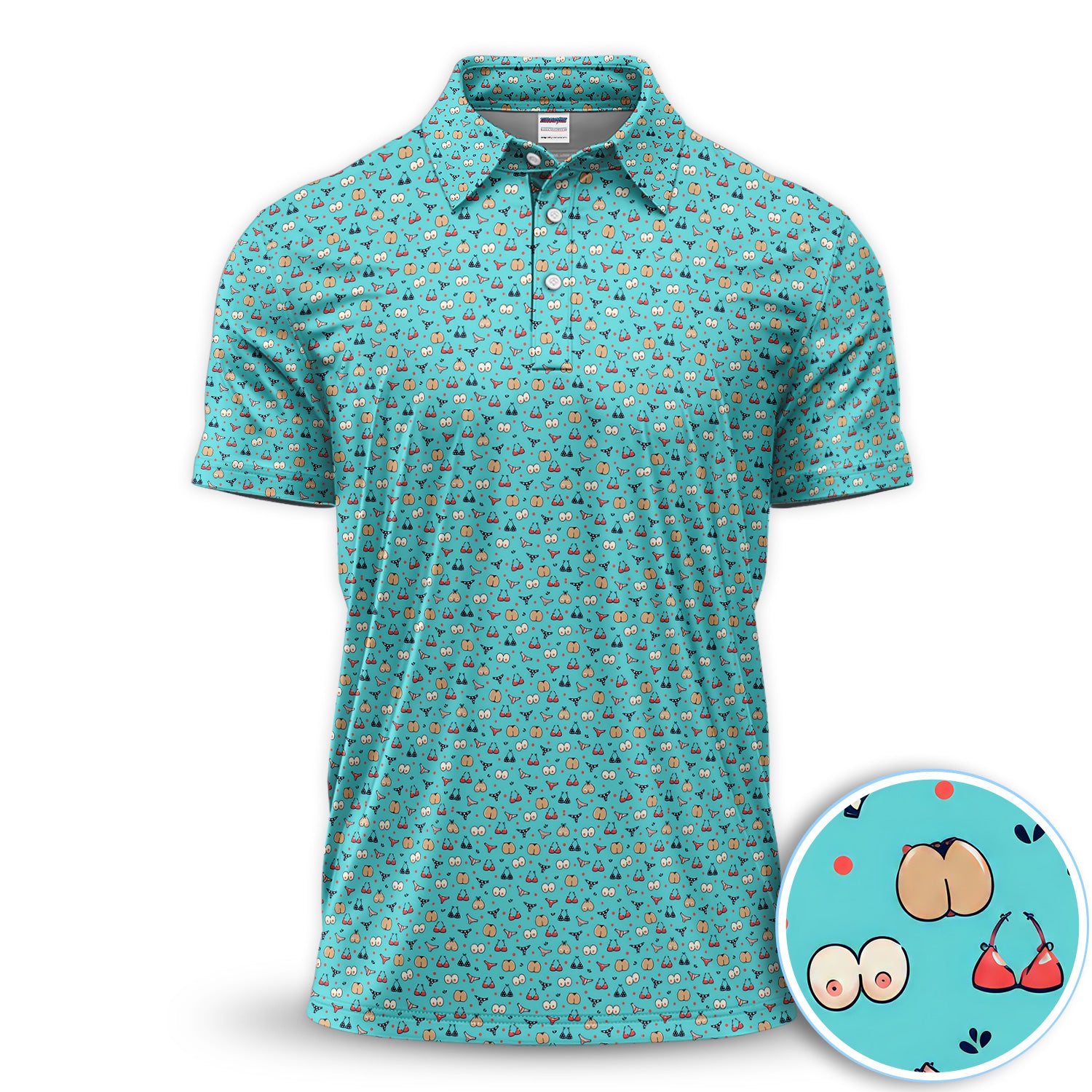 Funny Adult Humor Polo Shirt for Men – Turquoise Cheeky Peach & Hidden Sexy Pattern Retro Party Polo for Dad & Husband Gift