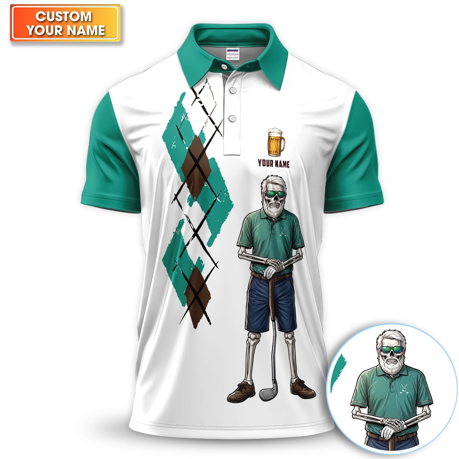 Personalized Funny Skull Golfer Pattern Golf Shirt, Skeleton Beer Golf Shirt For Men, Golf Lover Gift
