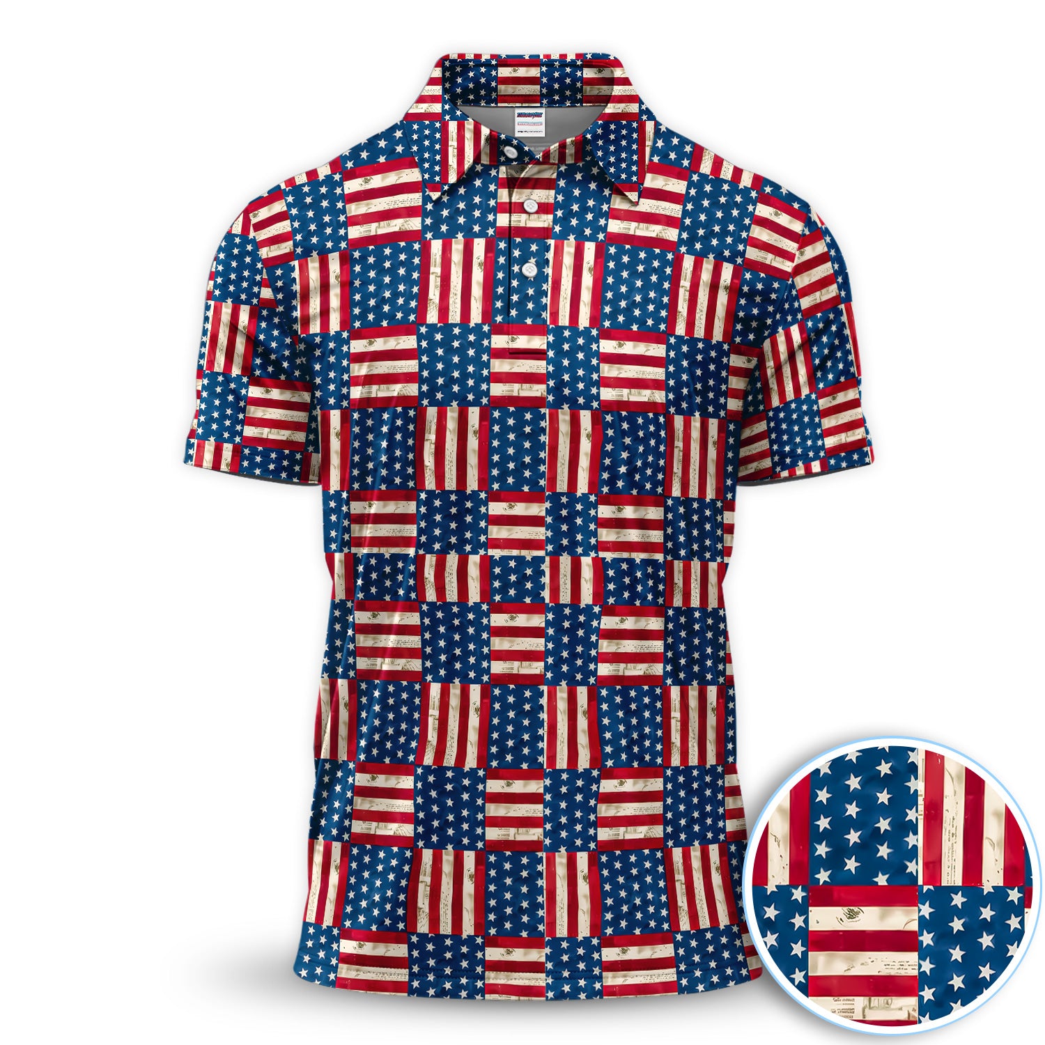 Vintage American Flag Patchwork Golf Pattern Shirt, USA Flag Golf Polo Shirt For Men, Patriotic Golf Gift