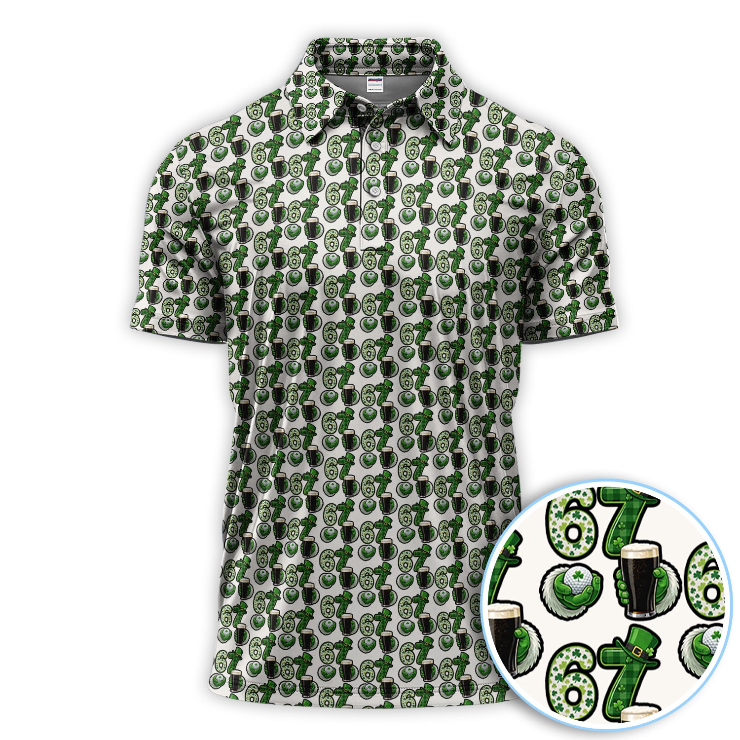 Men’s St. Patrick’s Day Golf Polos, 67 Shamrock Beer Pattern Golf Shirt, Crazy Golf Gift For Golfer