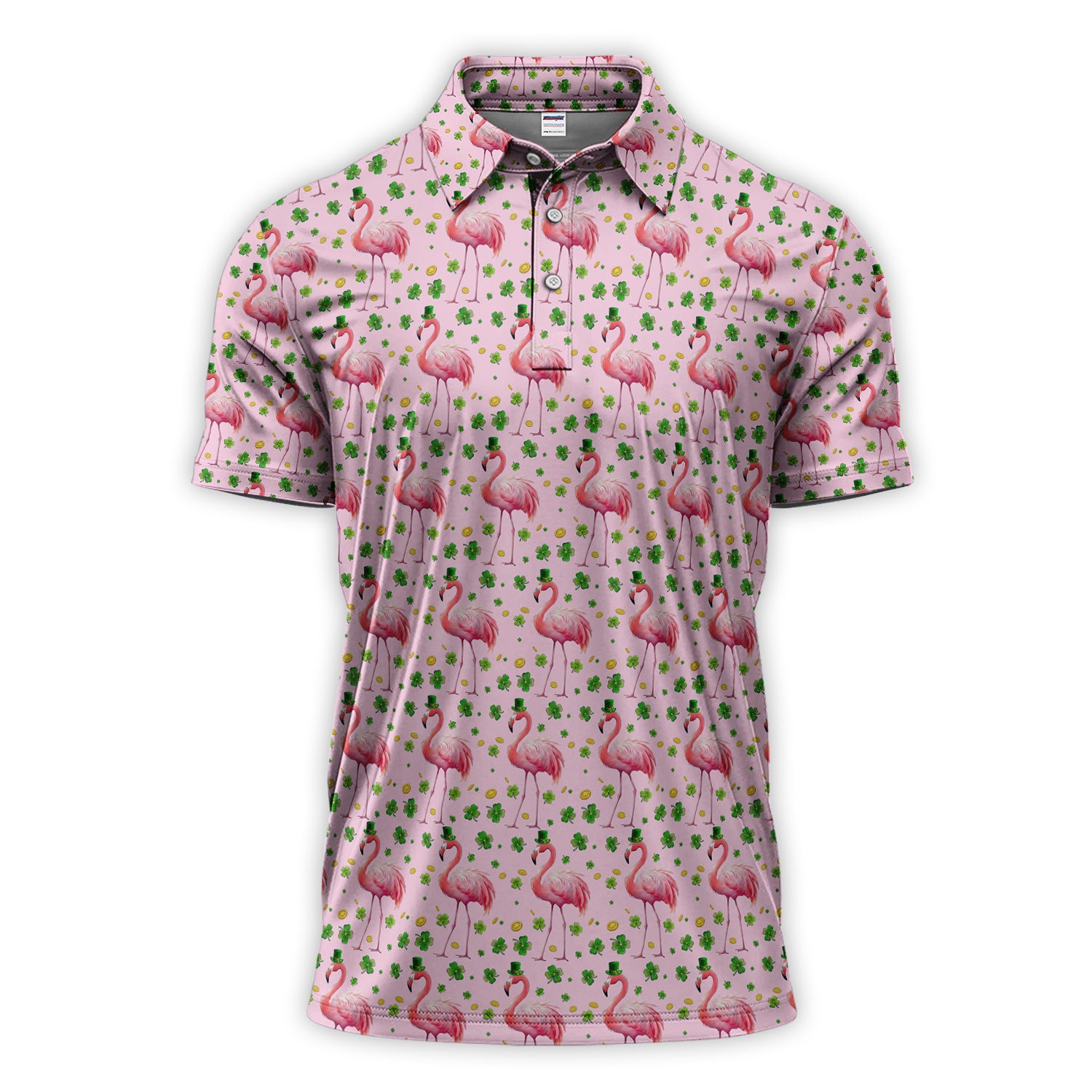 Funny Flamingo Pattern Golf Polos, St.Patrick’s Day Golf Shirt For Men, Crazy Golf Gift For Golfer