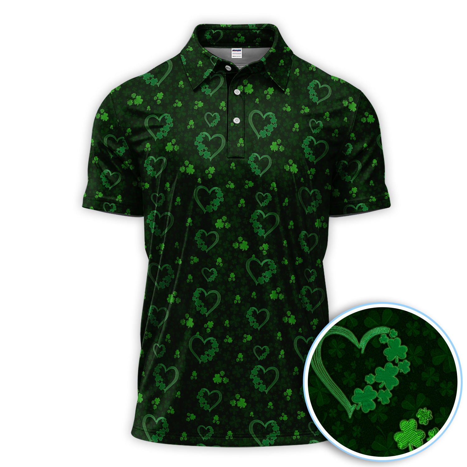 Crazy Shamrock Heart Pattern Golf Polos, St. Patrick’s Day Golf Shirt,  Lucky Irish Green Shirt For Men