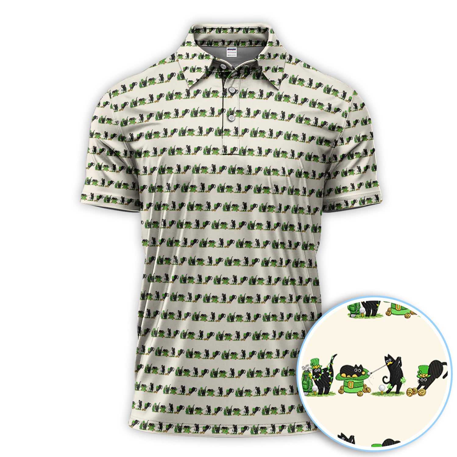 Funny St. Patrick Black Cat Pattern Golf Polos, Lucky Irish Golf Shirt, Crazy Golf Gift For Golfer