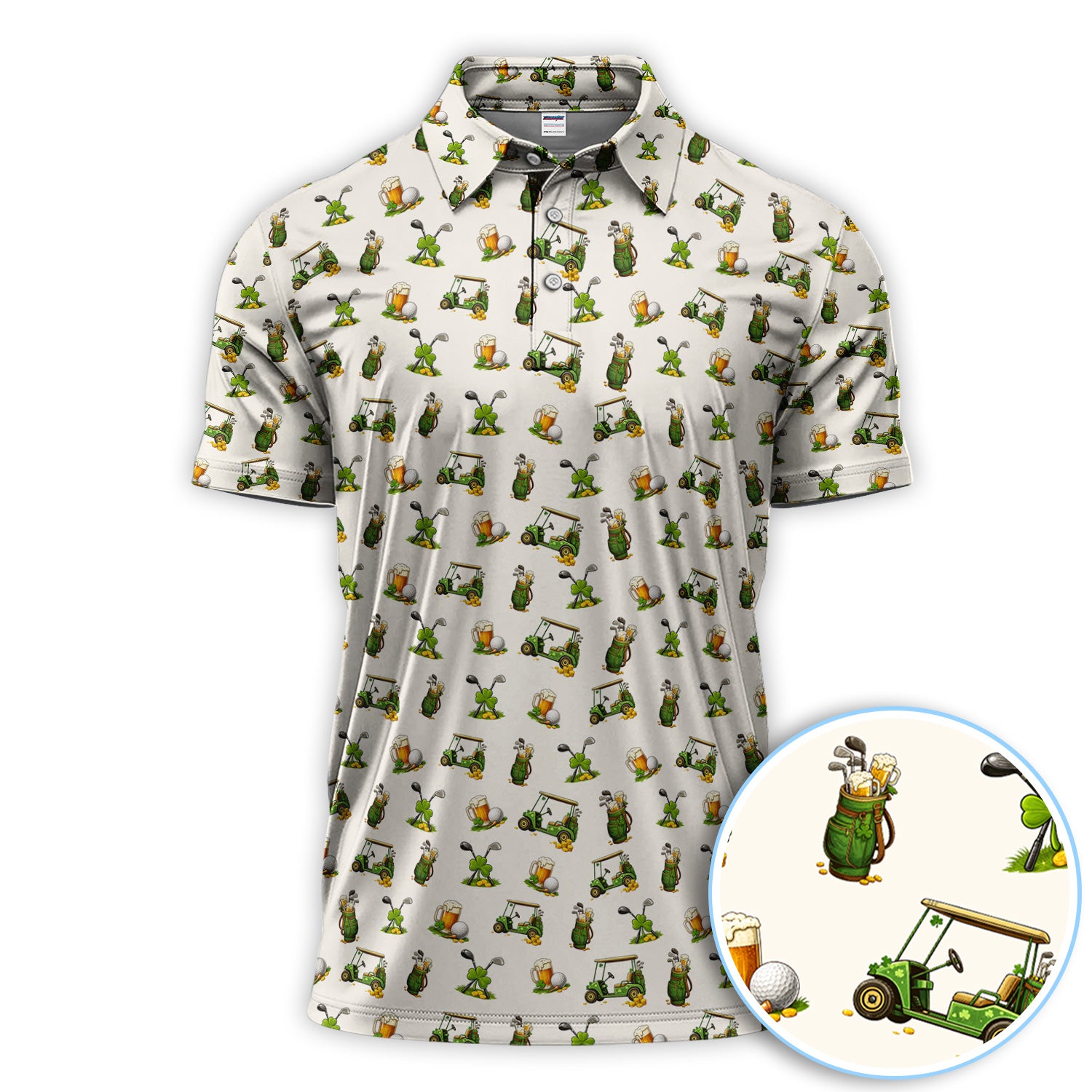 Funny Golf And Beer Pattern Golf Polos, St.Patrick’s Day Golf Shirt For Men, Crazy Golf Gift For Golfer
