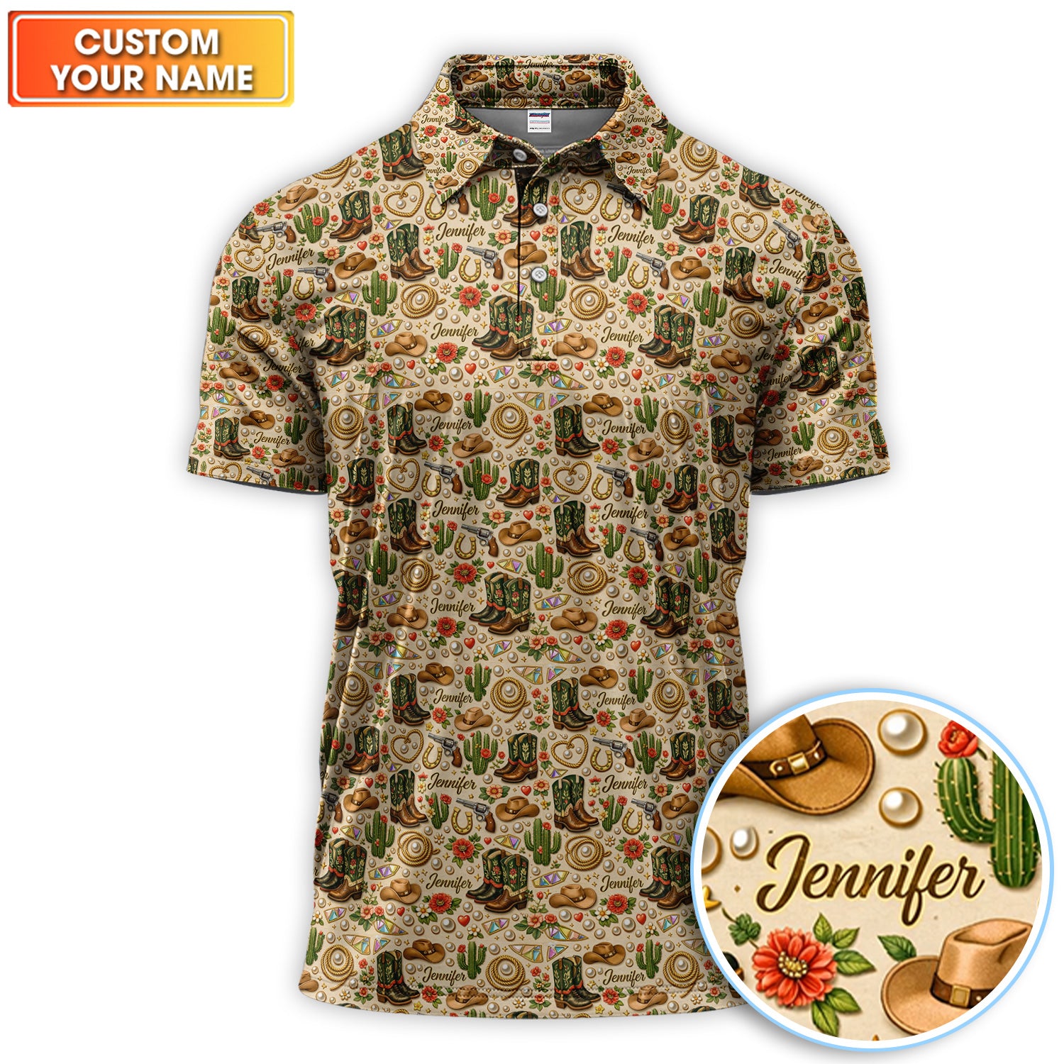 Personalized Ranch Cowboy Golf Polo, Desert Cactus Boots Rodeo Print Golf Shirt, Golf Gift For Golfer