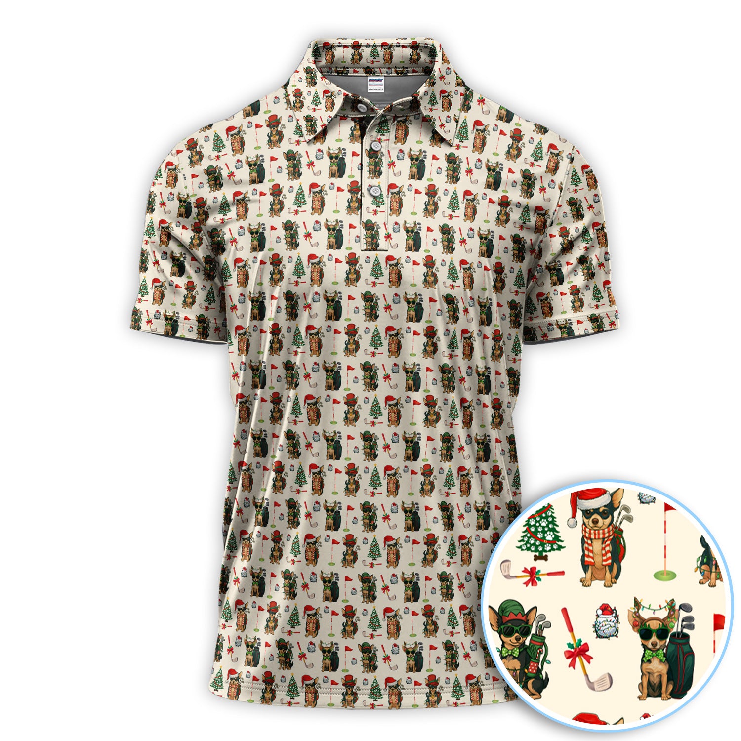 Christmas Chihuahua Golf Polos, Funny Dog Golfer Shirt, Xmas Golf Gift For Golfer