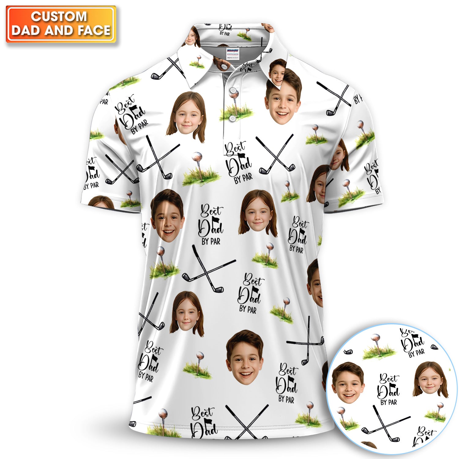 Custom Kid Face Pattern Golf Polos, Best Dad By Par Golf Shirt, Personalized Golf Shirts For Men