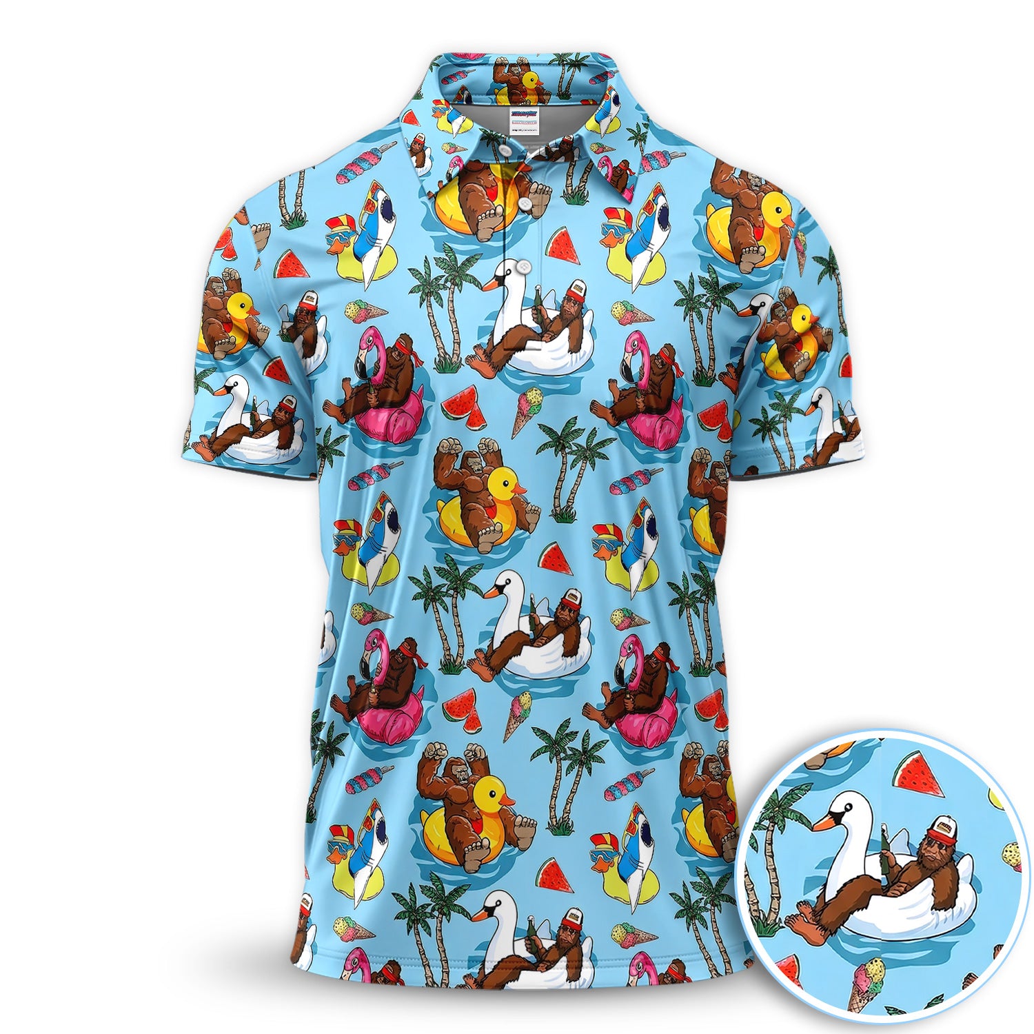 Bigfoot Pool Party Tropical Pattern Golf Shirt, Sasquatch Float Summer Golf Shirt For Men, Golfer Gift