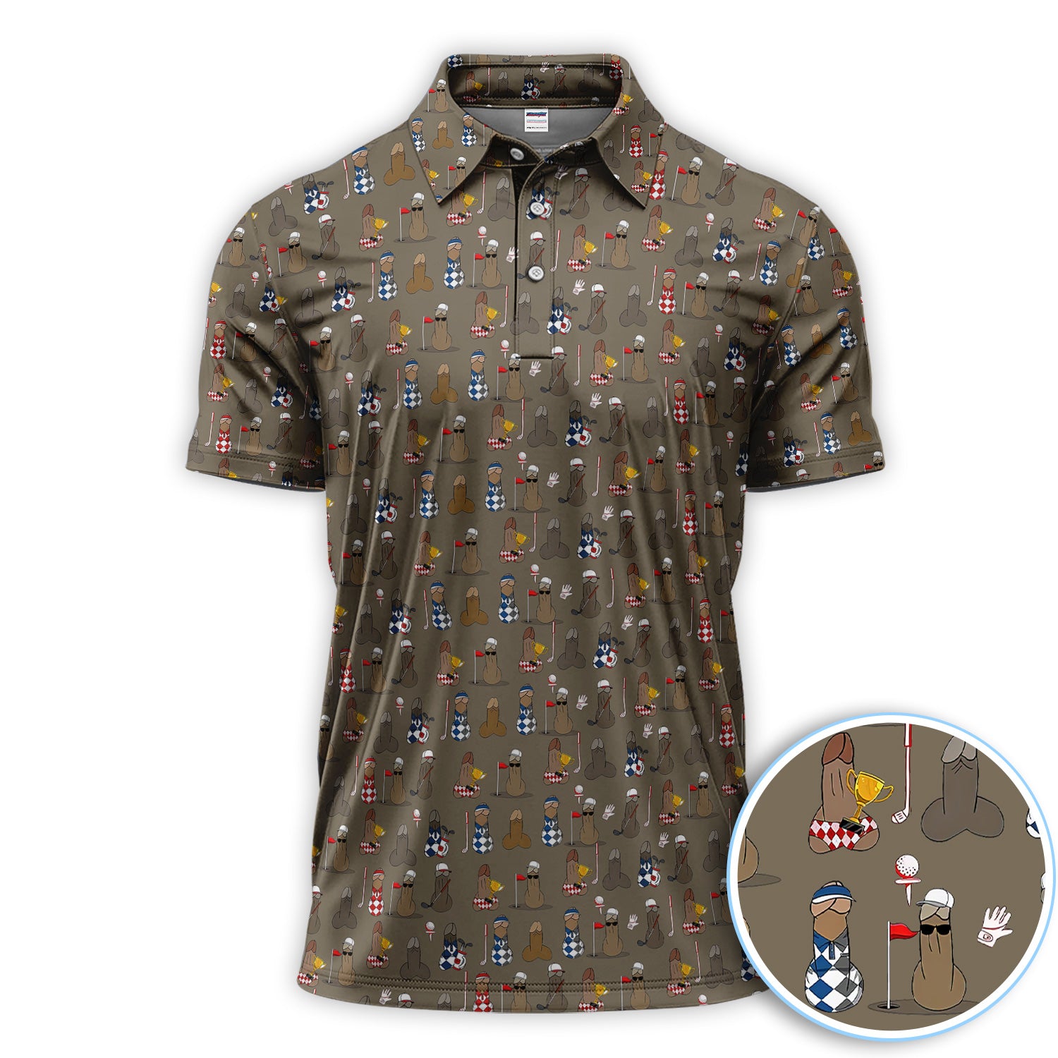 Funny Golf Character Polo Shirt for Men, Cartoon Golf Lover Pattern Shirt, Gift for Golfer