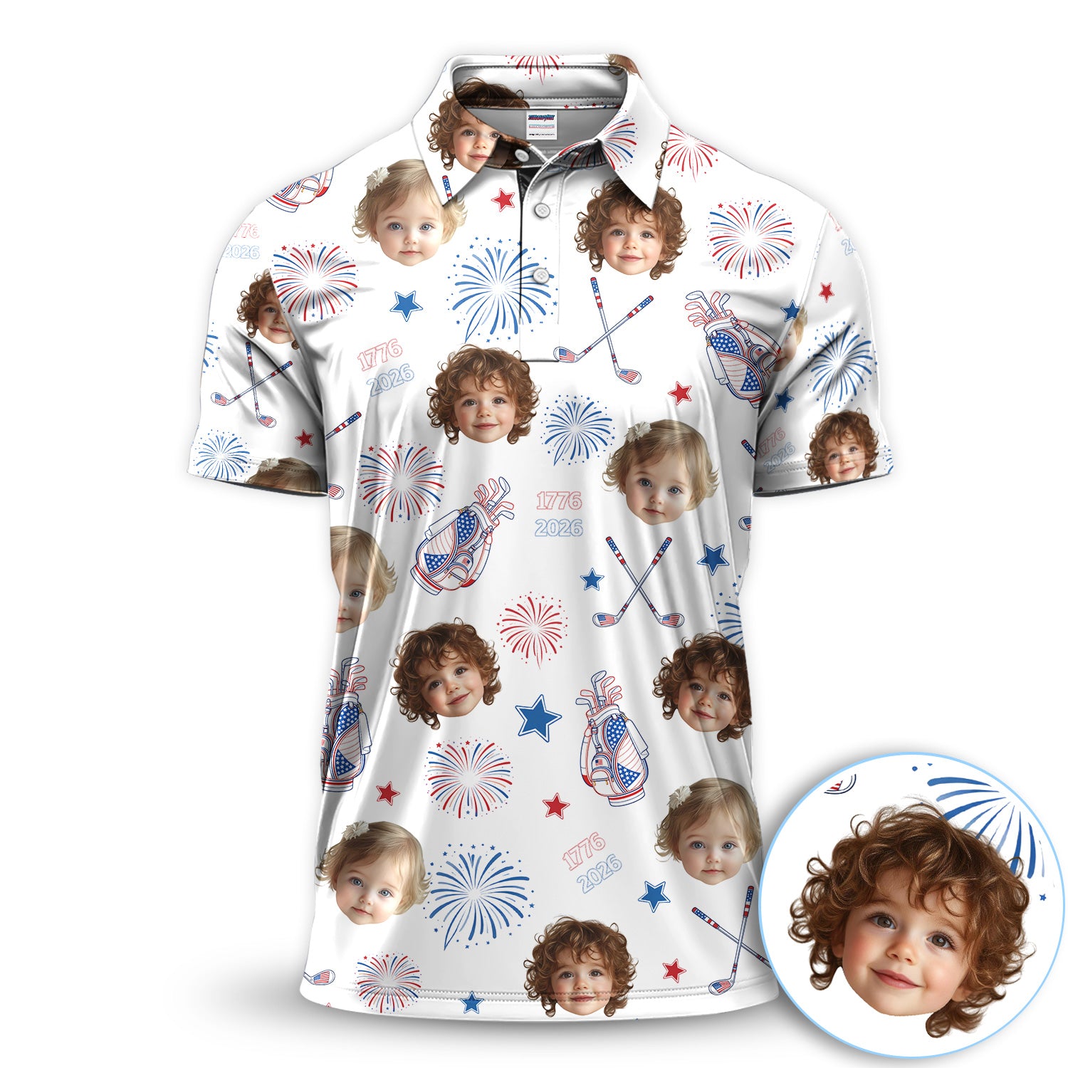 Custom Face Patriotic Golf Polo Shirt, 1776–2026 Fireworks USA Theme, Personalized Photo All Over Print Gift For Men