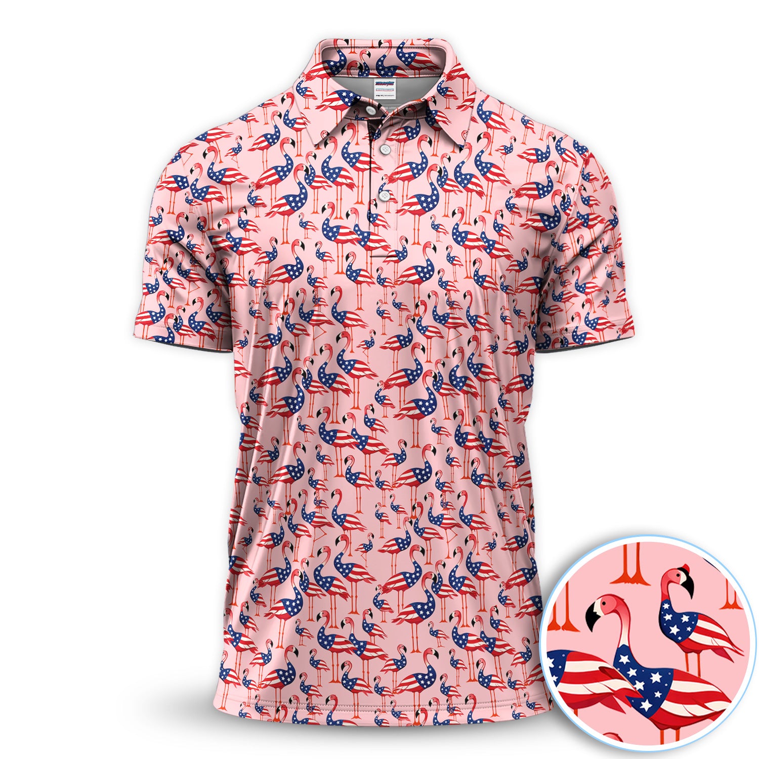 Patriotic Flamingo Polo Shirt For Men, American Flag Flamingo All Over Print, Funny USA Summer Beach Golf Shirt