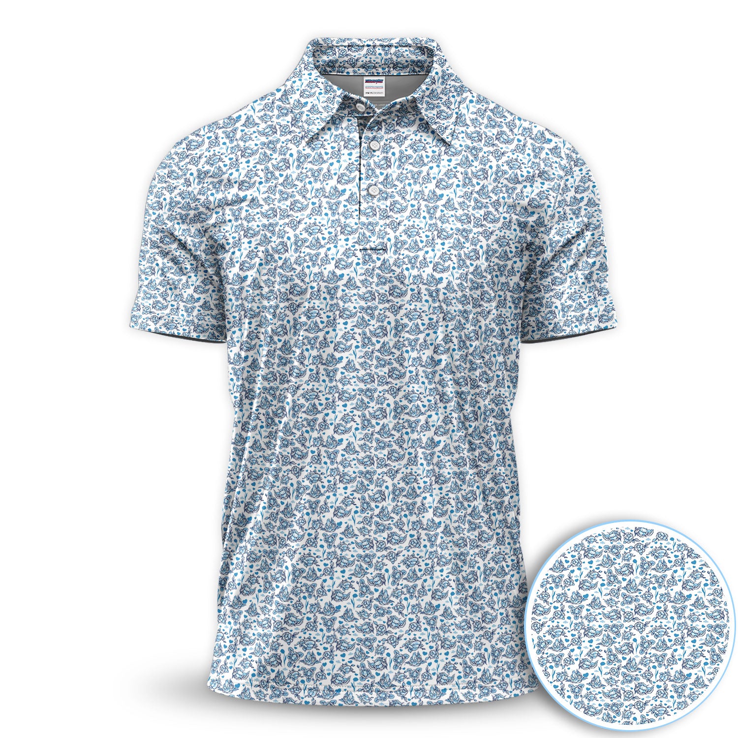 Blue Floral Line Art Polo Shirt For Men, Ditzy Botanical All Over Print, White Summer Casual Golf Shirt