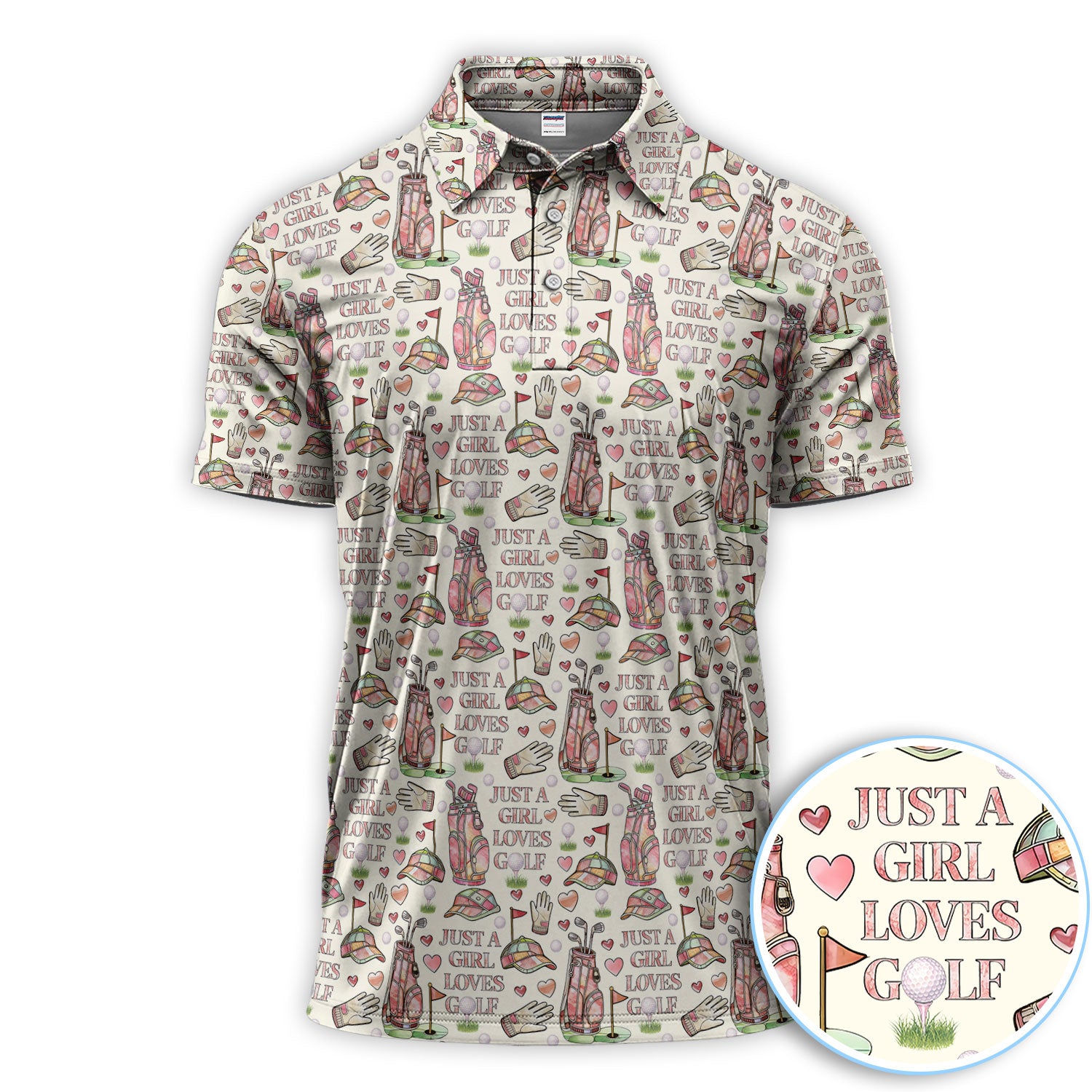 Just A Girl Loves Golf Shirt, Pink Golf Bag Heart Pattern Golf Polos, Fun Golf Gift For Golfer