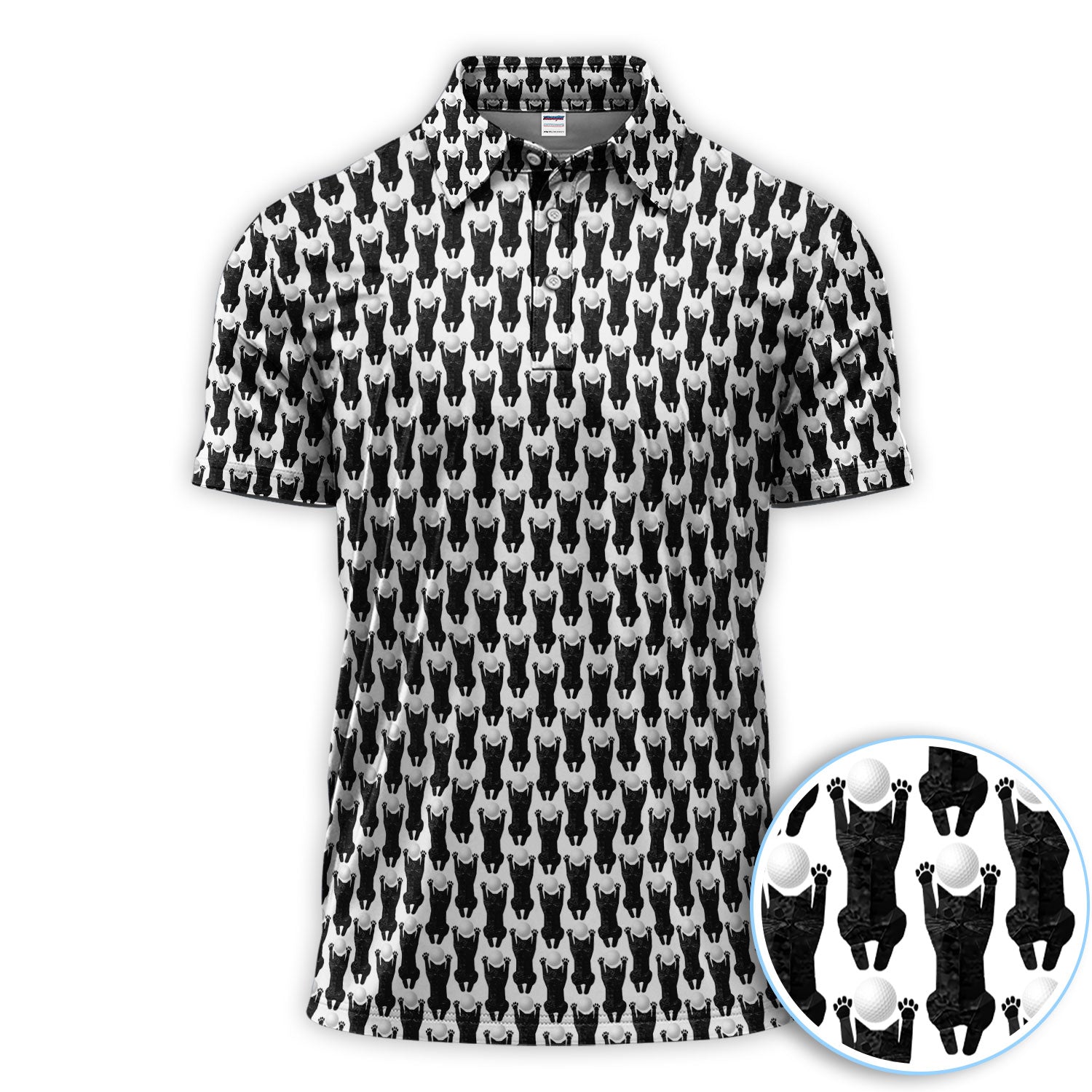 Funny Cat Golf Polos, Black Cat Pattern Golf Shirt For Golfer, Golf Gift For Men