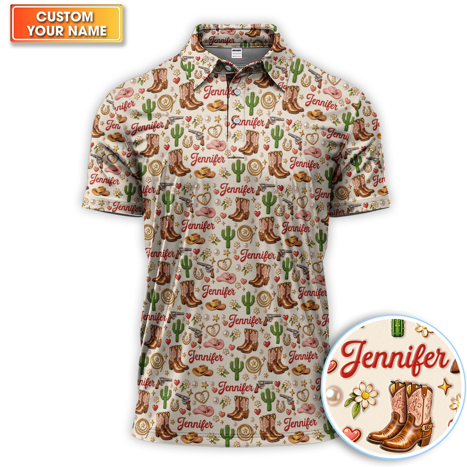 Personalized Cowgirl Golf Polo Shirt, Cowboy Boots Cactus Pattern Golf Shirt Gift for Men