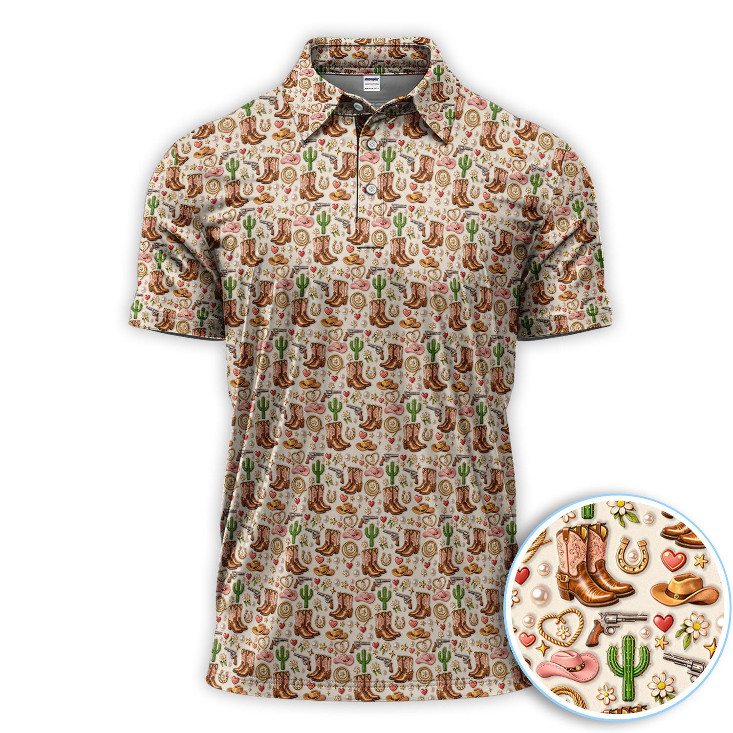 Western Cowboy Boots Cactus Heart Golf Shirt, Country Rodeo Pattern Golf Polos, Golf Gift For Men