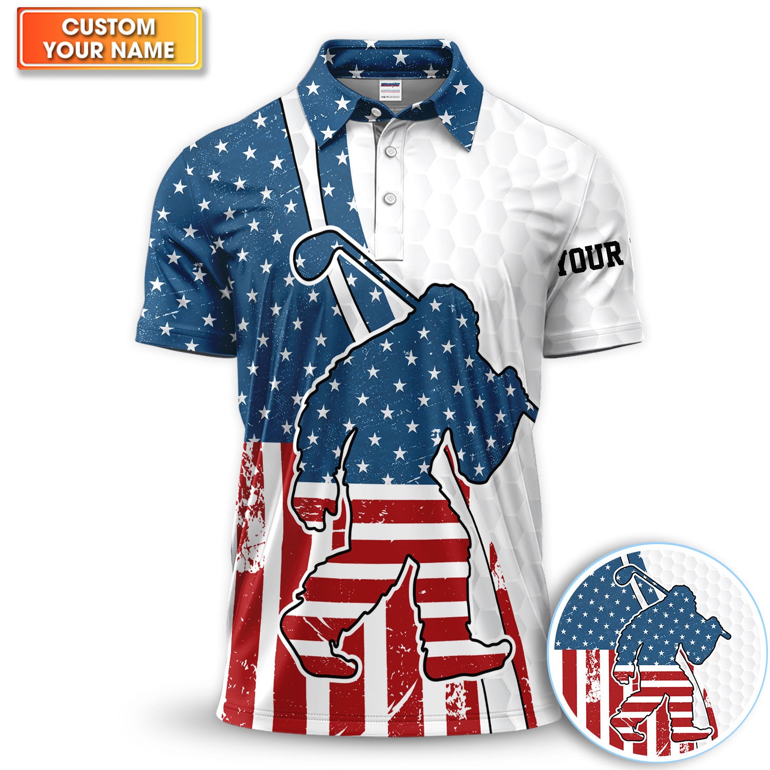 Personalized Patriotic Golfer USA Flag Pattern Shirt, Custom Name American Flag Golf Polo Shirt For Men, USA Golf Gift