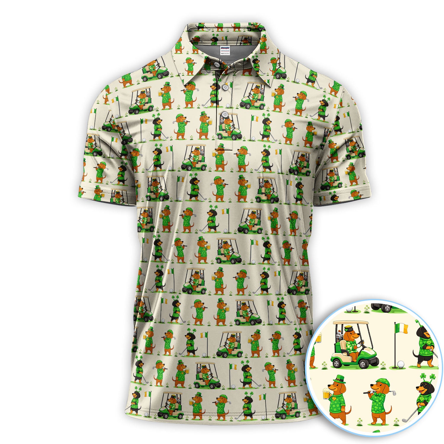 St. Patrick’s Day Dachshund Pattern Golf Polos, Funny Irish Wiener  Dog Golf Shirt For Men, Golf Gift For Golfer