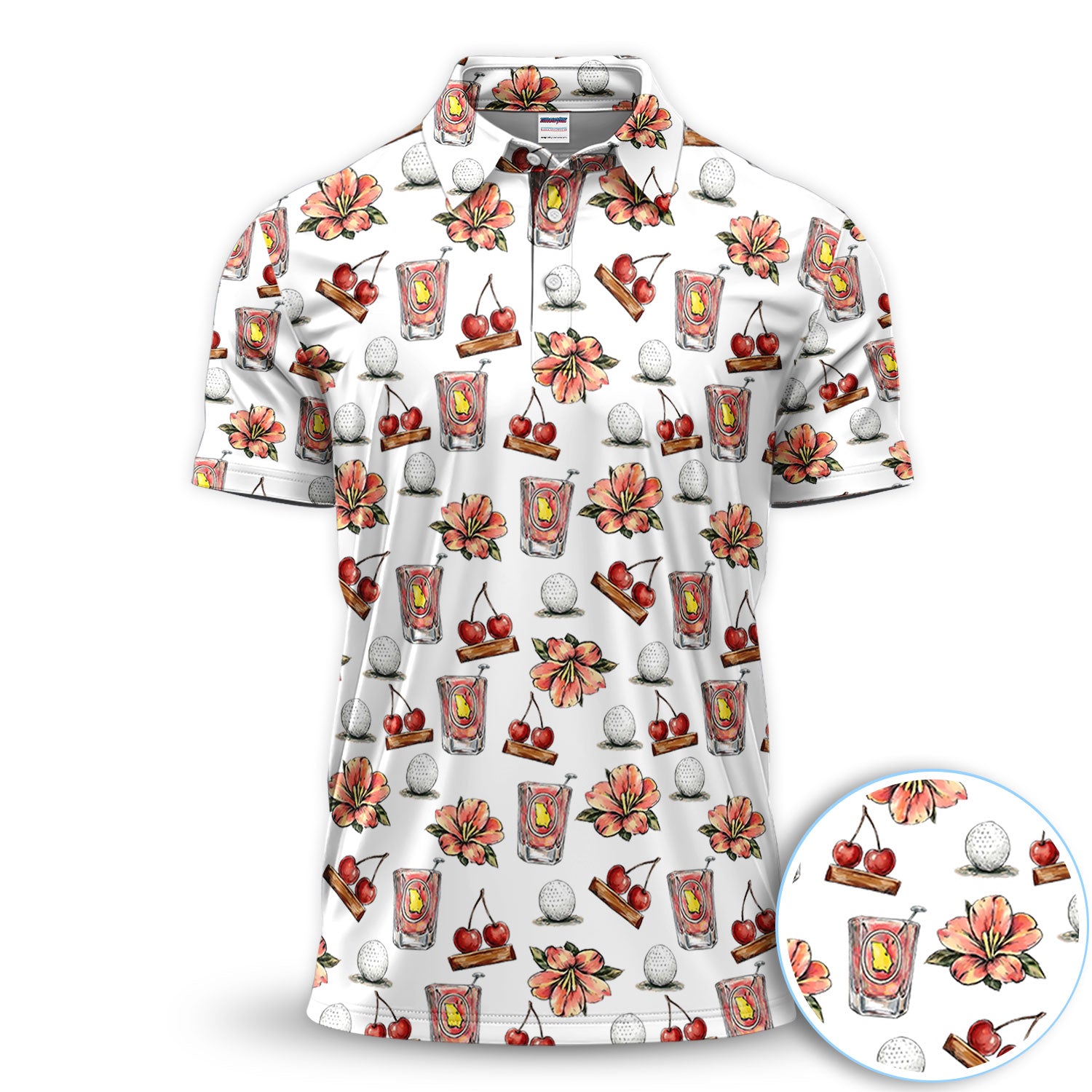 Cherry Cocktail Floral Golf Polo Shirt For Men, Drink Fruit All Over Print, Summer Casual White Golf Shirt