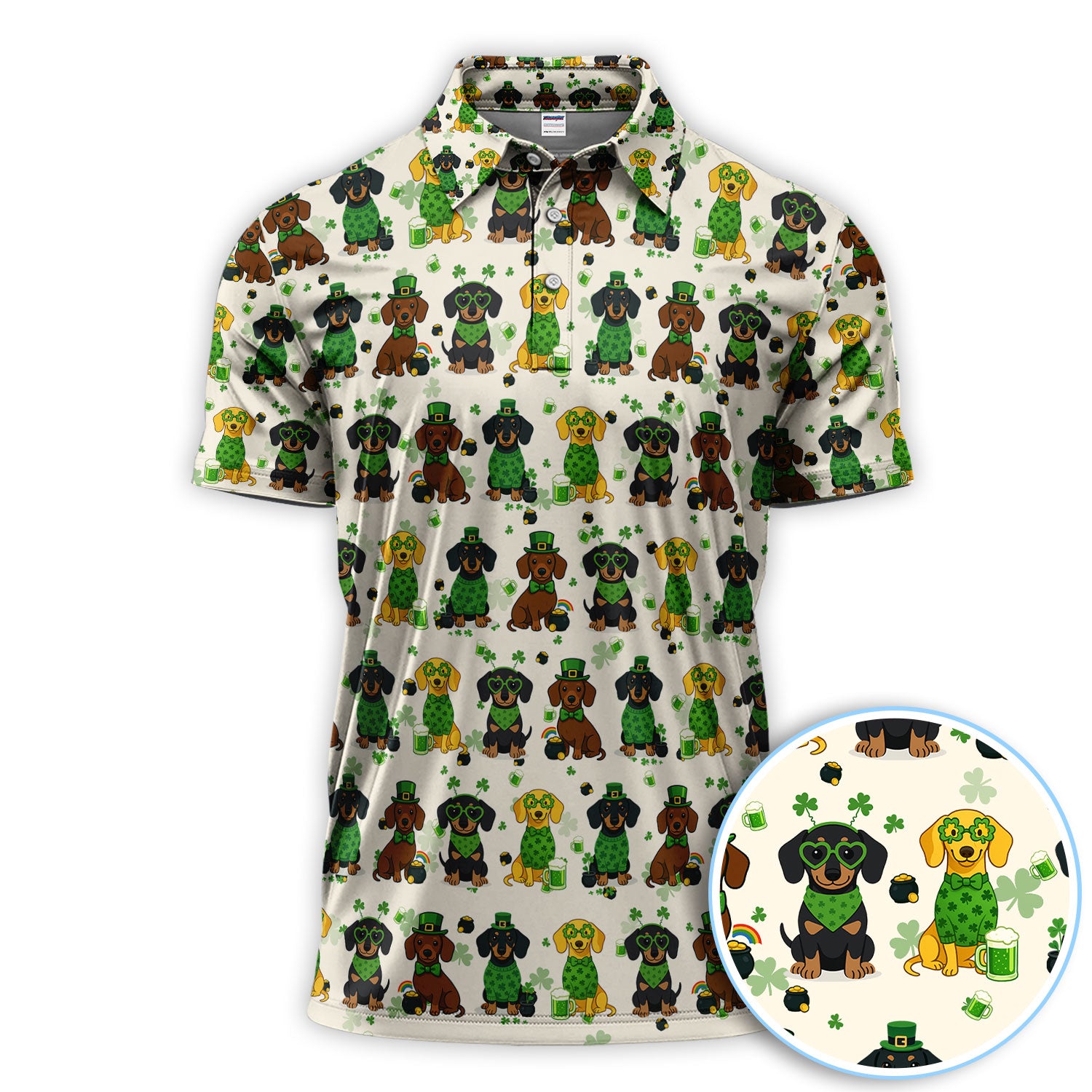 St. Patrick’s Day Dachshund Dog Pattern Golf Shirt, Funny Shamrock Dog Golf Polos For Men, Golf Gift For Golfer