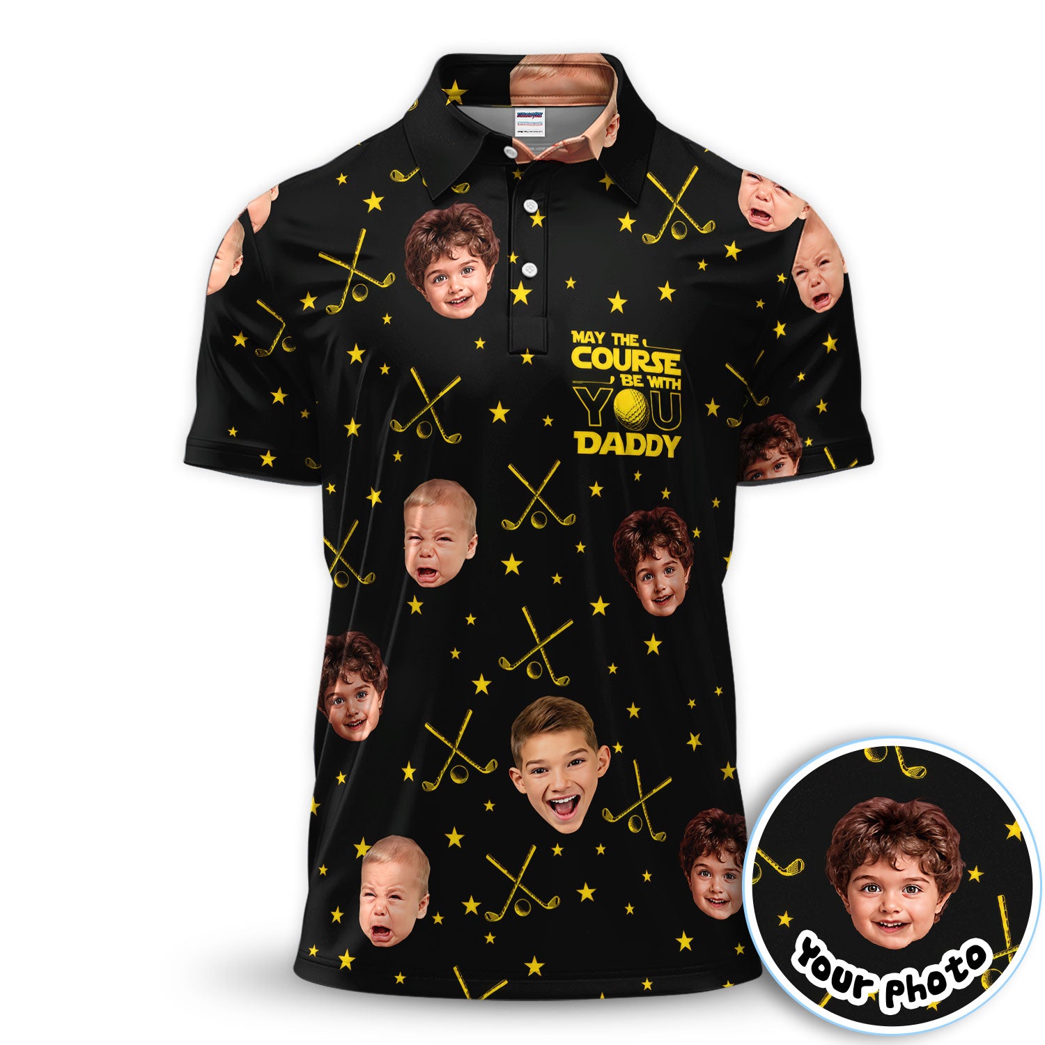 Personalized May The Course Be With You Golf Pattern Shirt for Men, Custom Photo Golf Polo For Dad, Father's Day Gift