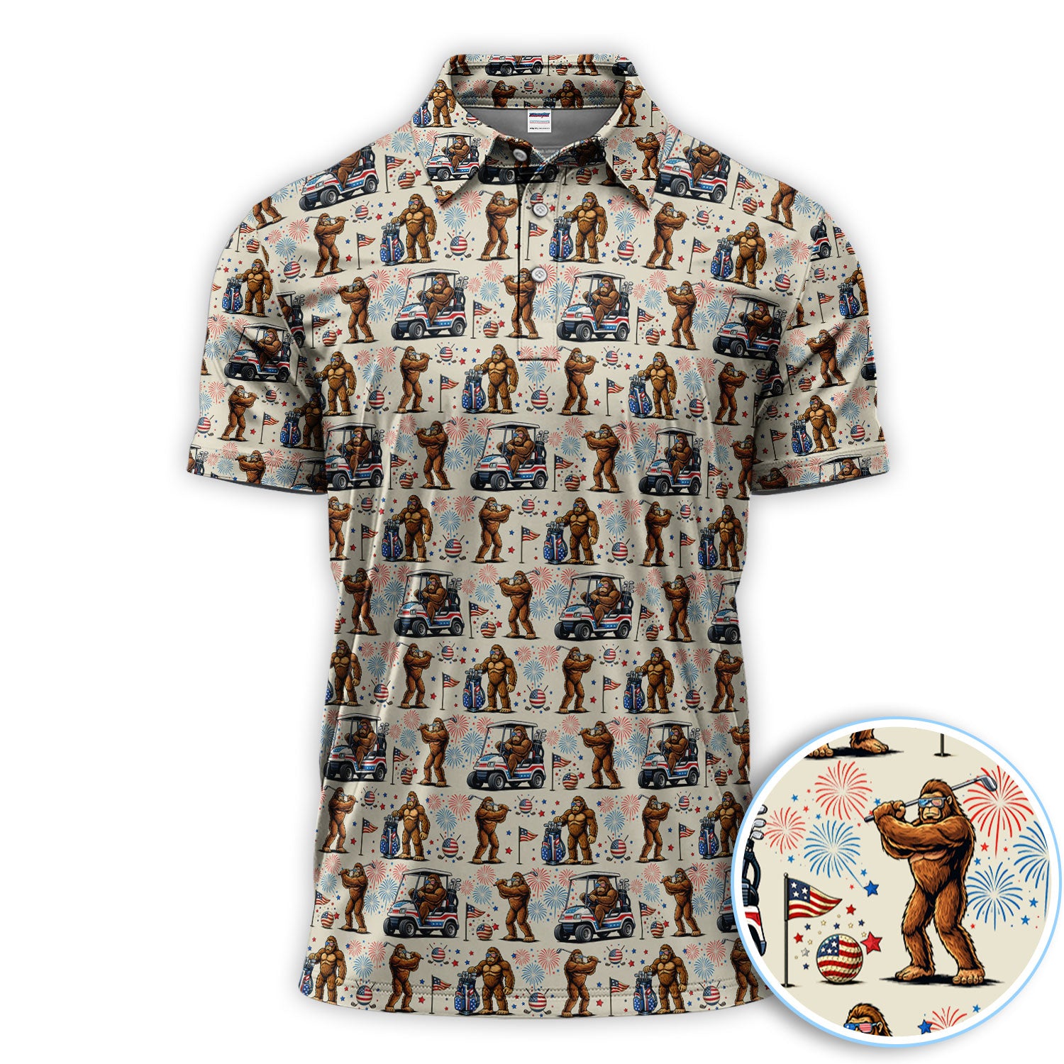 Funny Bigfoot Golf Polos For Golfer, Sasquatch Patriotic USA Pattern Golf Shirt, Golf Gift For Men