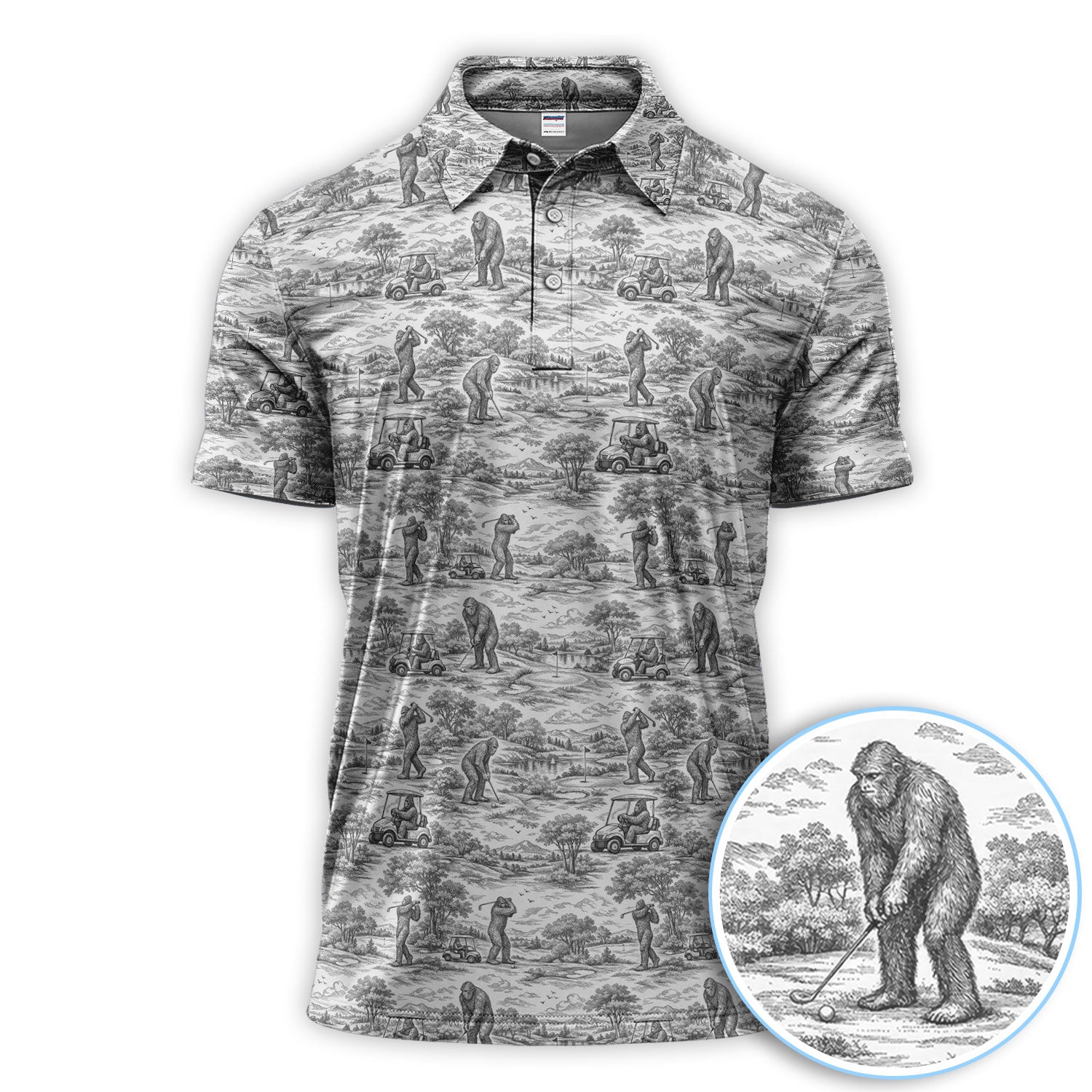 Crazy Bigfoot Pattern Golf Polos, Funny Sasquatch Golf Shirt For Men, Golf Gift For Golfer