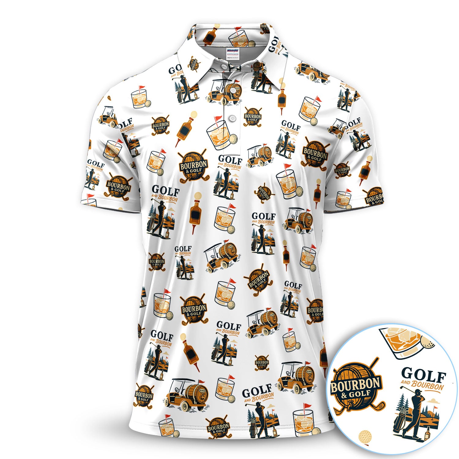 Golf and Bourbon Pattern Polo Shirt for Men, Funny Whiskey Golf Print Shirt, Golfer Gift Idea